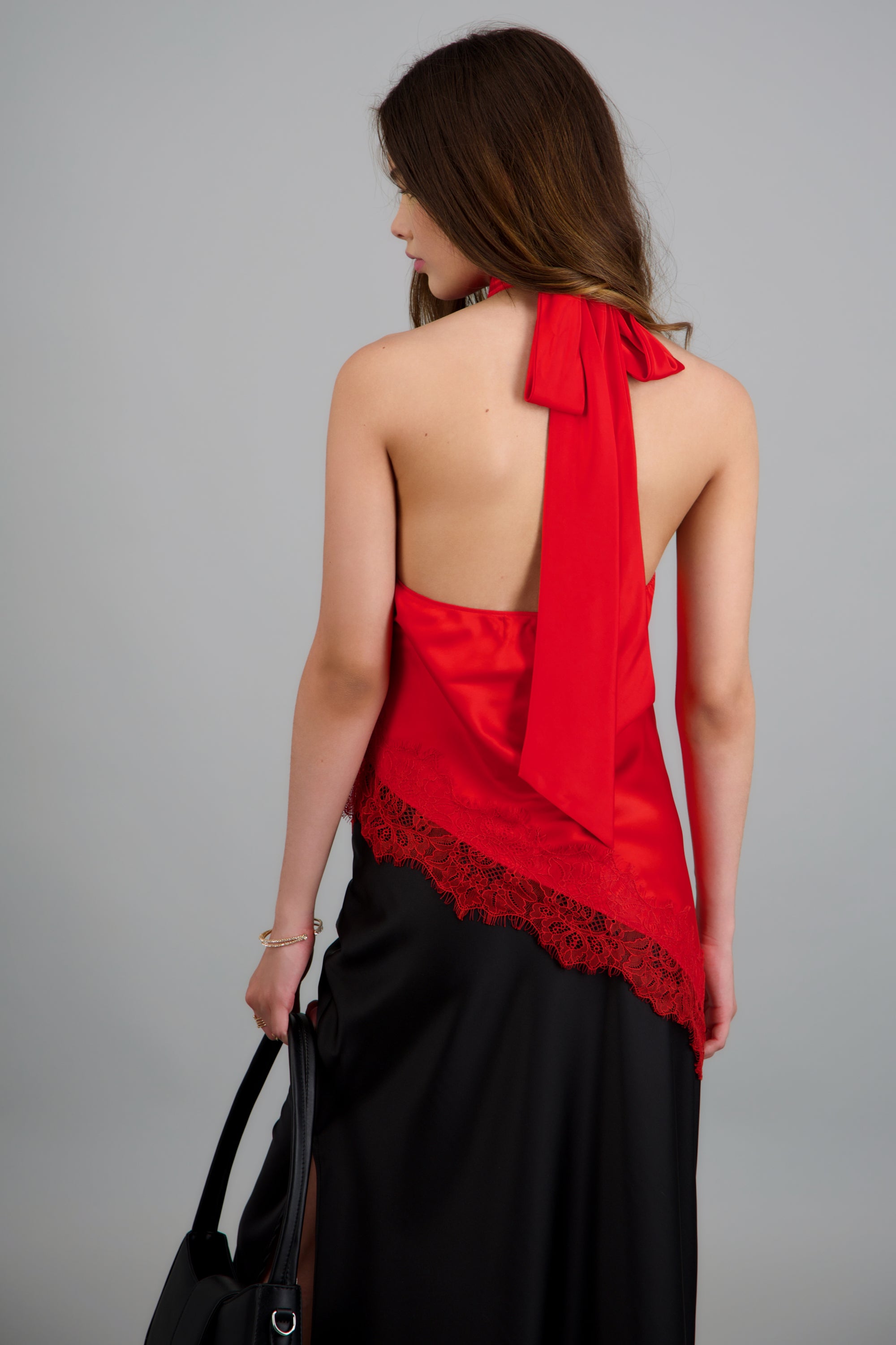 Top halter amarre satinado detalle encaje ROJO
