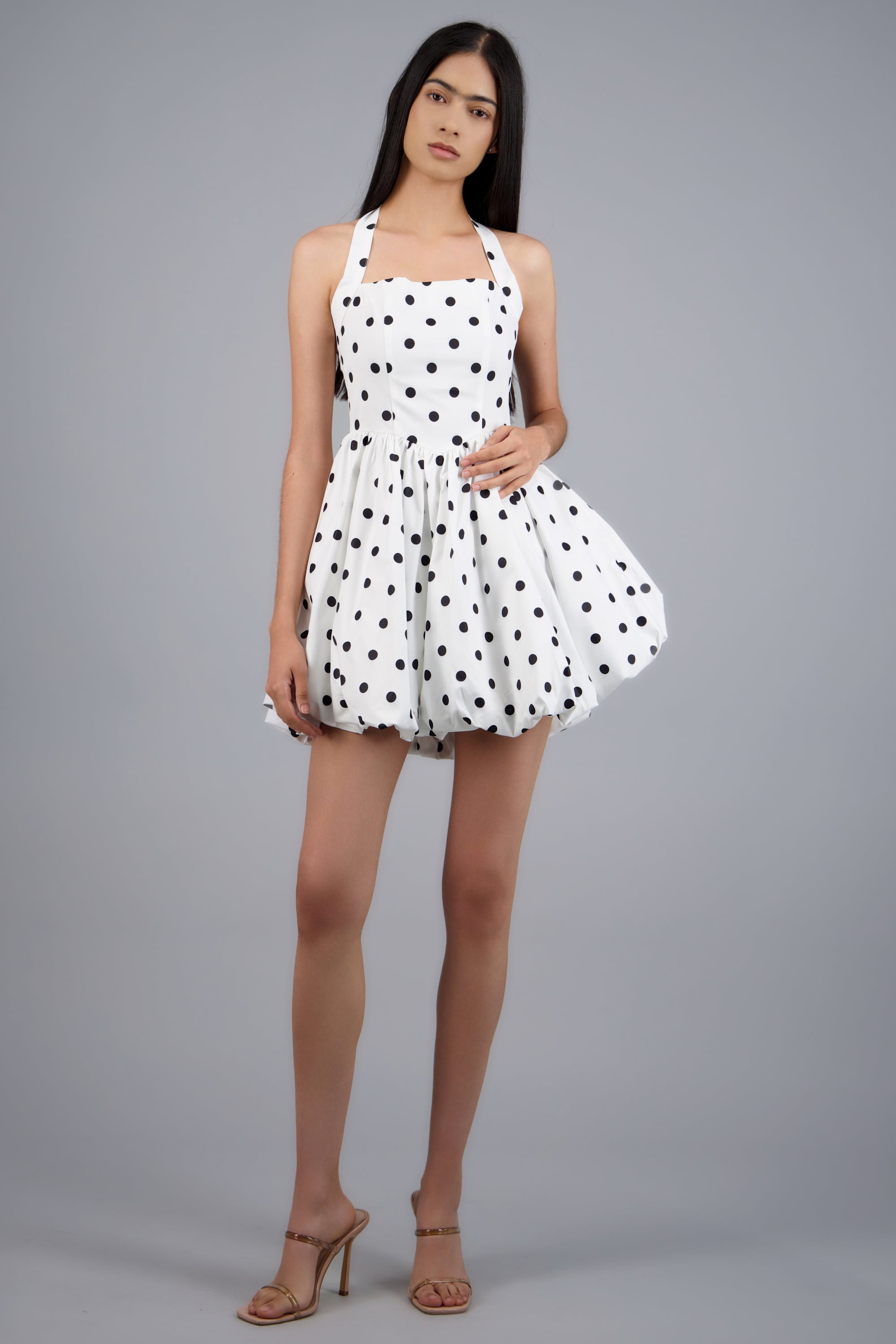 Vestido polkas falda bubble BLANCO COMBO