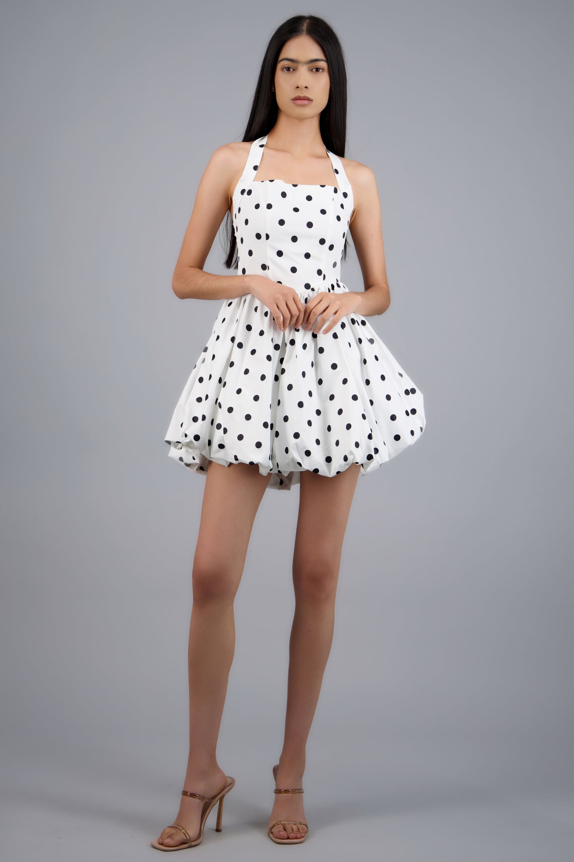 Vestido polkas falda bubble BLANCO COMBO
