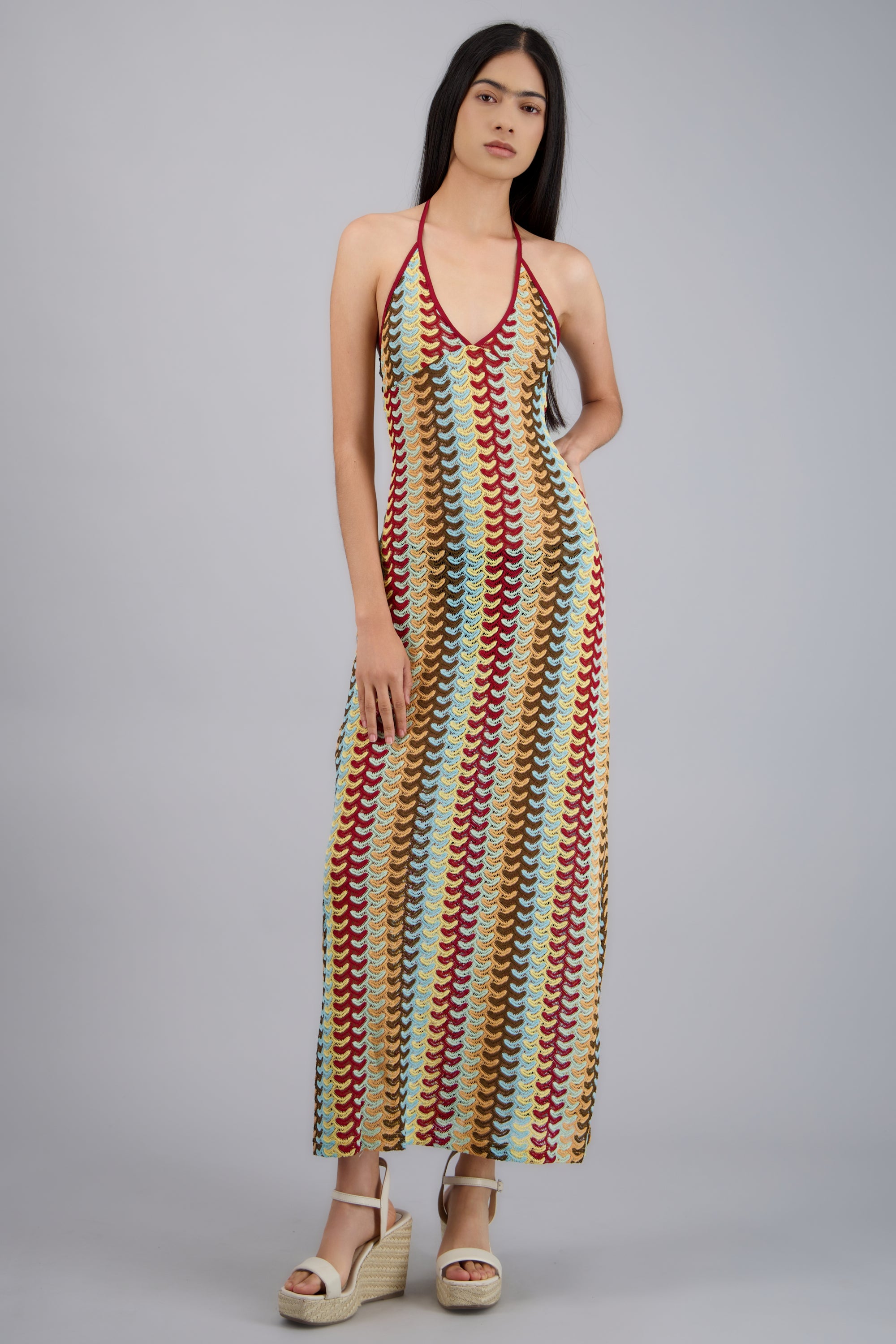 VESTIDO MAXI TEJIDO TEXTURA ROJO COMBO