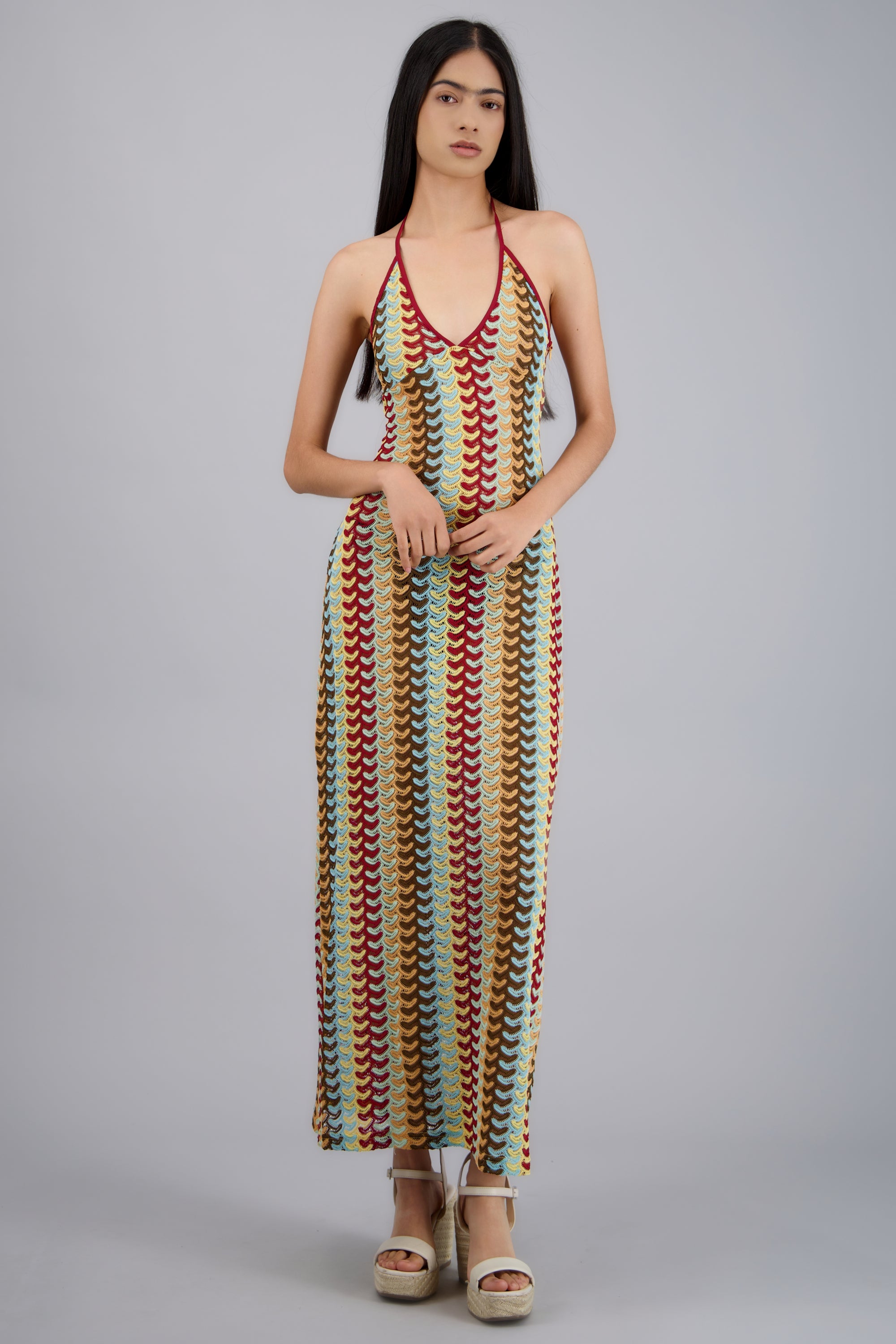 VESTIDO MAXI TEJIDO TEXTURA ROJO COMBO