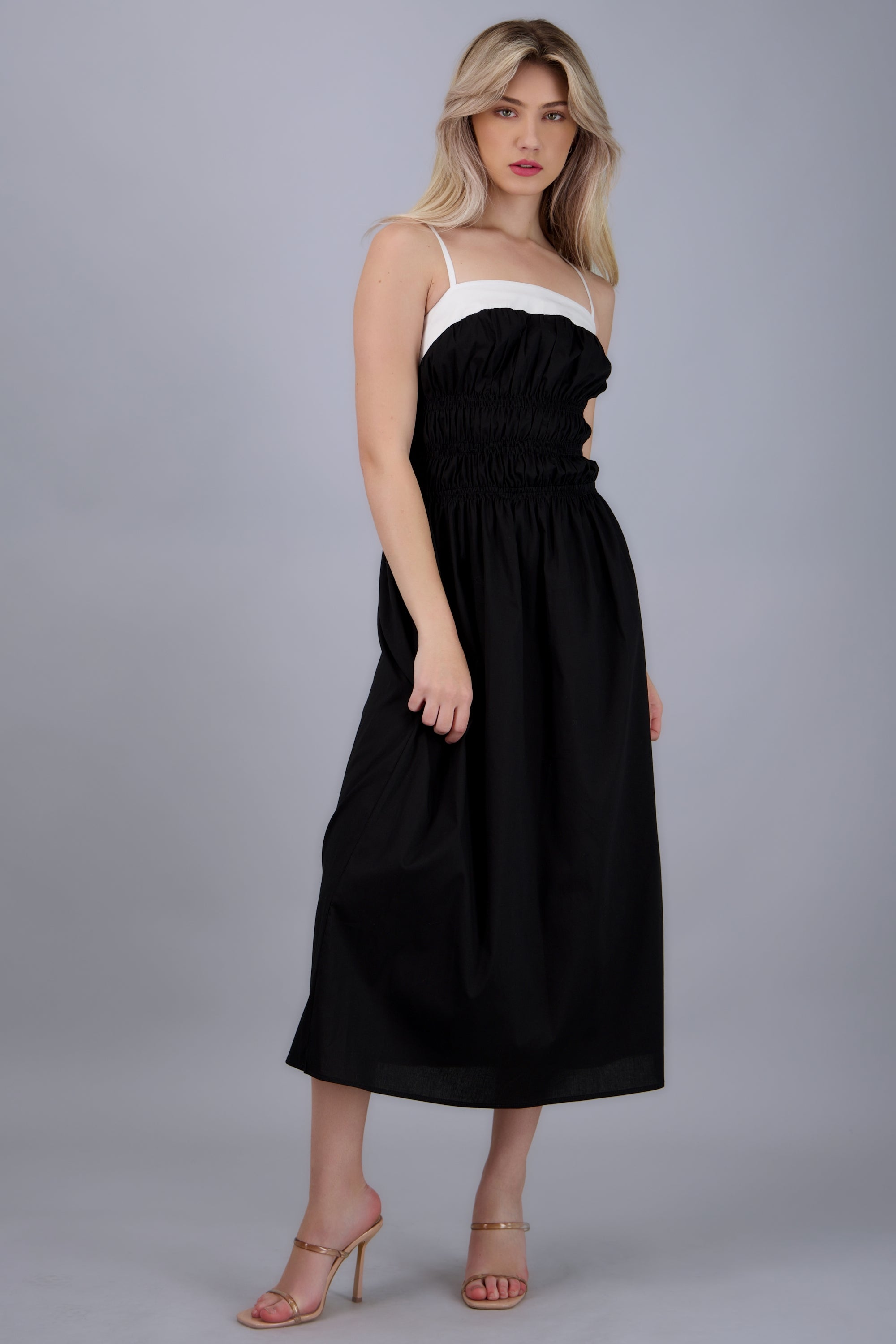 Vestido maxi detalle ligas contraste NEGRO COMBO