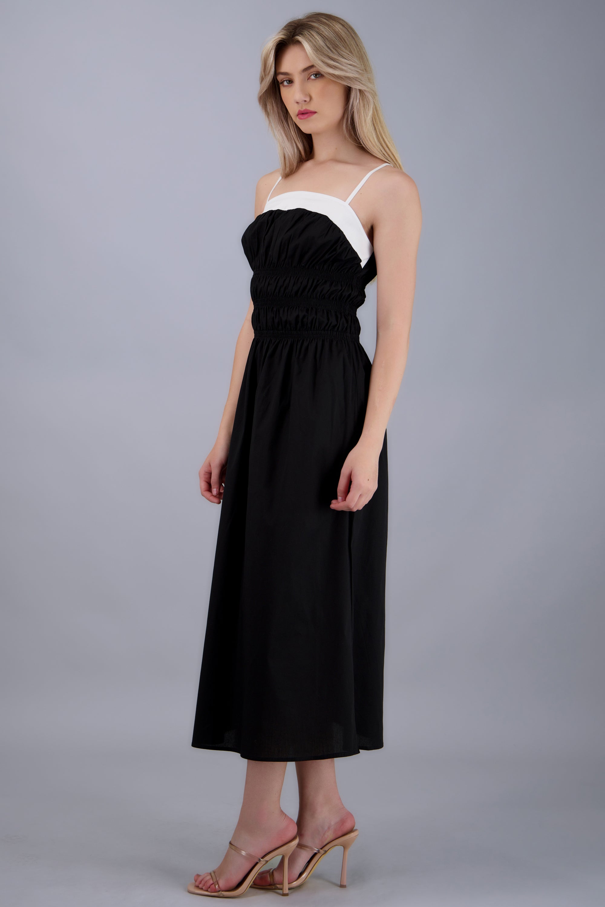Vestido maxi detalle ligas contraste NEGRO COMBO