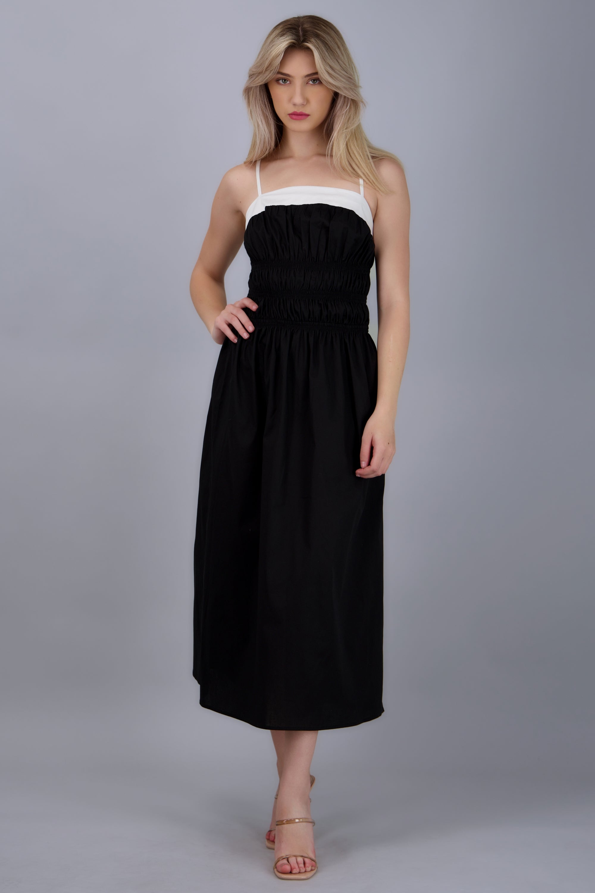 Vestido maxi detalle ligas contraste NEGRO COMBO