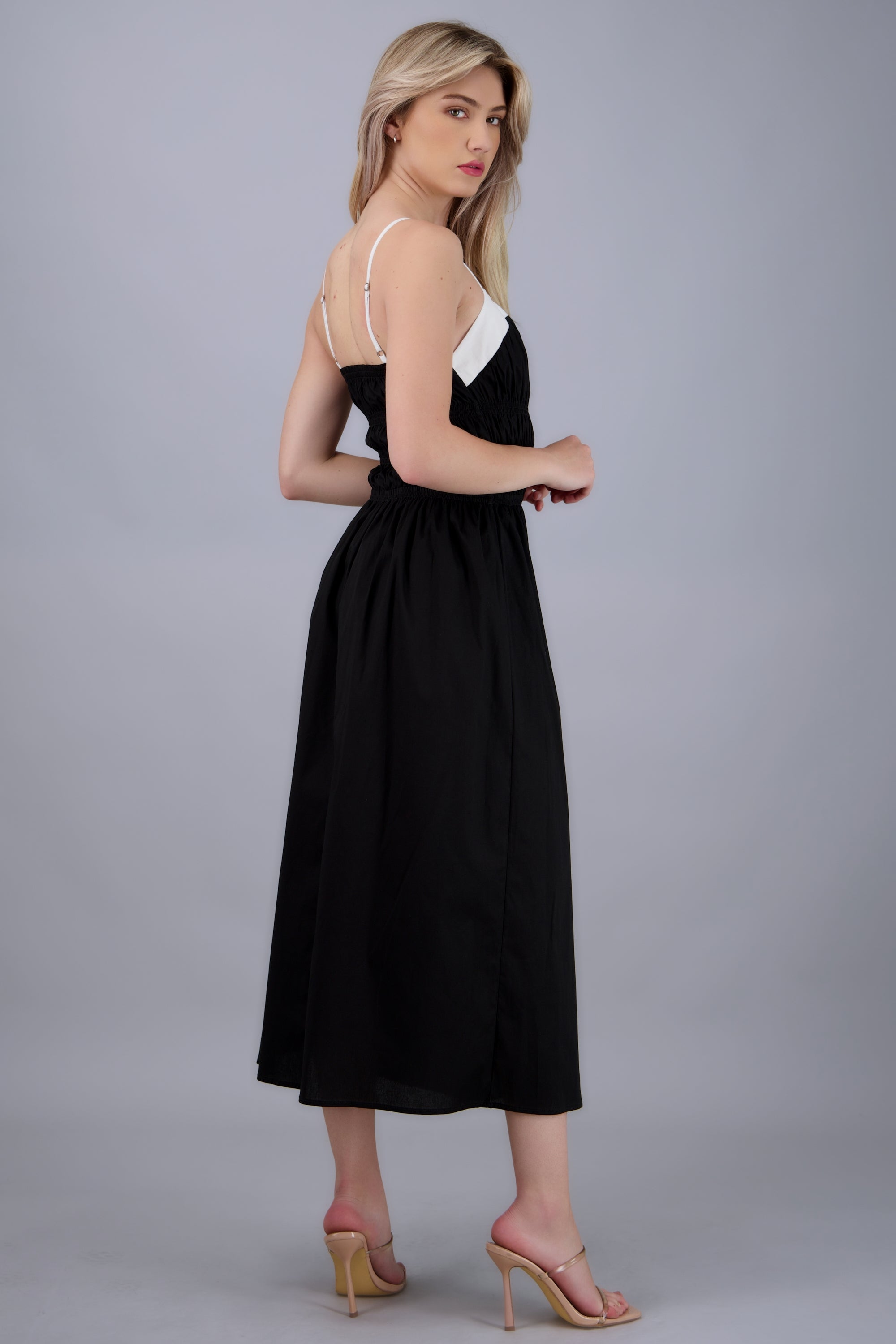 Vestido maxi detalle ligas contraste NEGRO COMBO