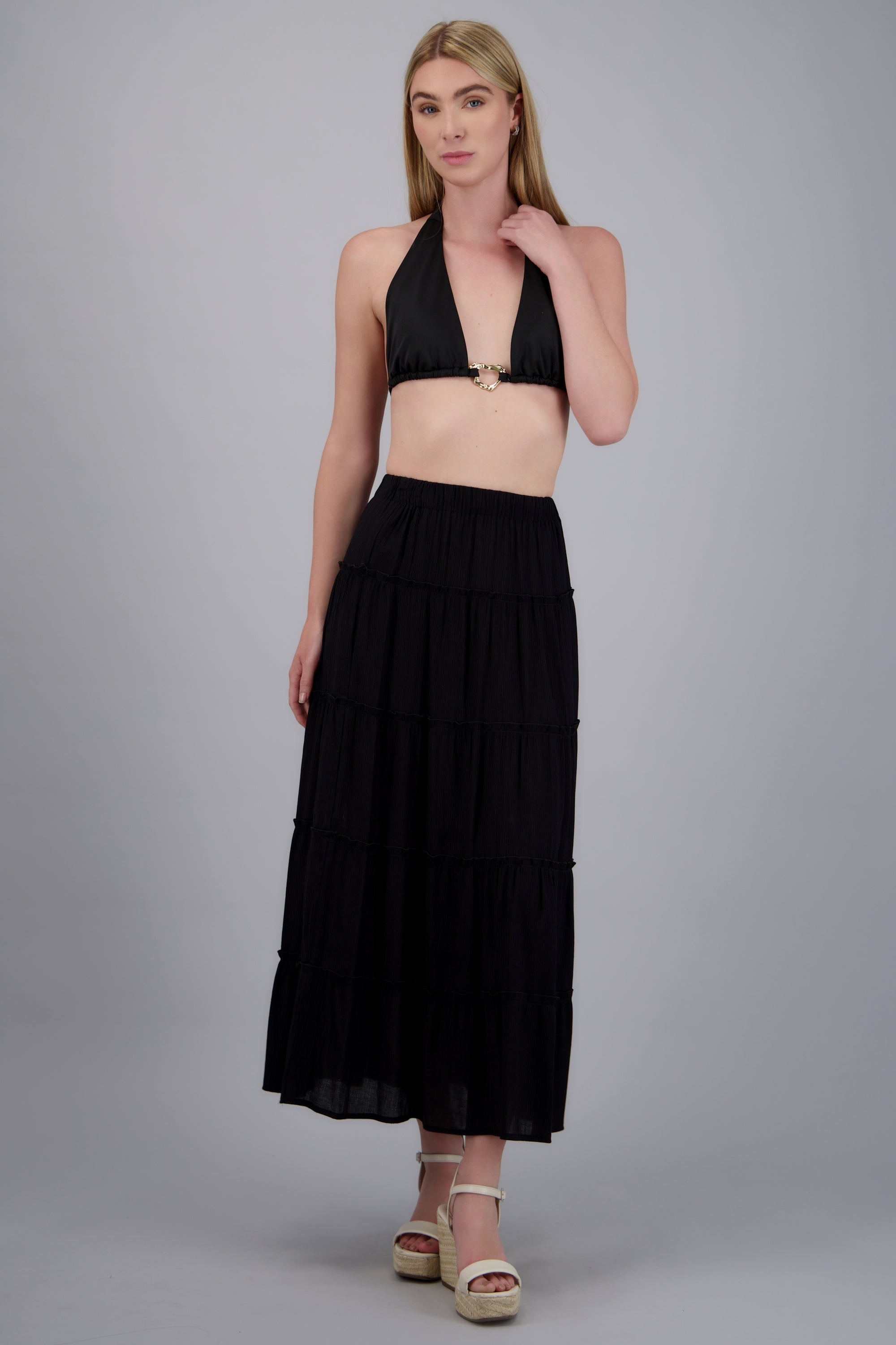Falda midi cortes ligera NEGRO