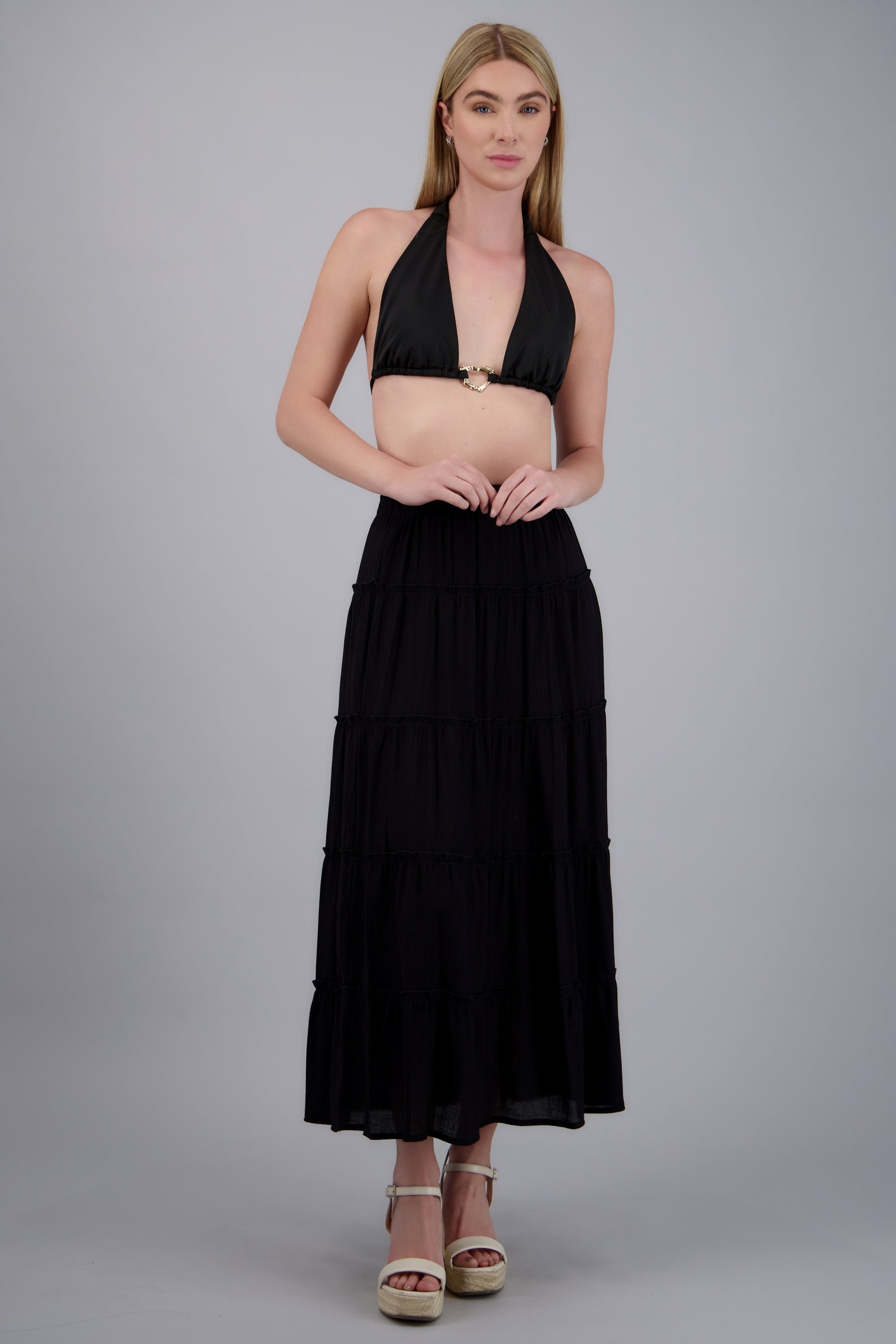 Falda midi cortes ligera NEGRO