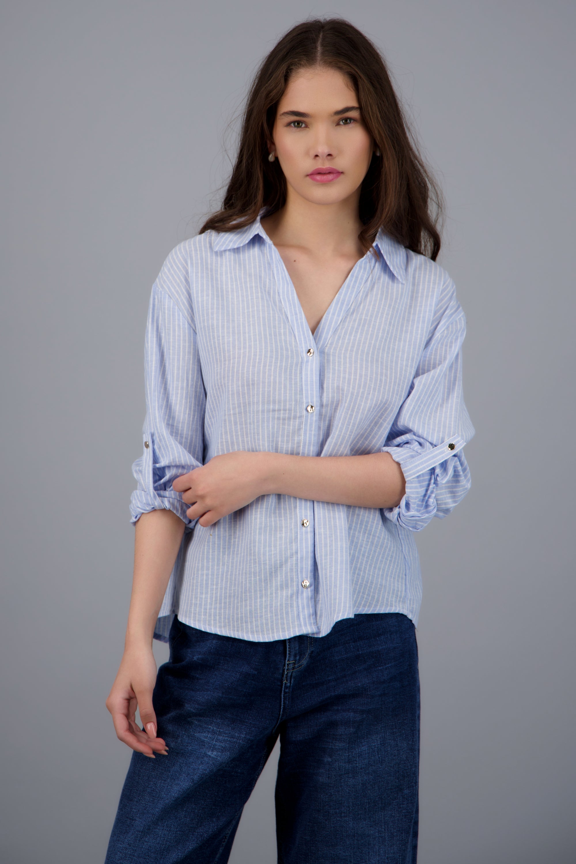 Camisa lino rayas detalle botones AZUL PASTEL