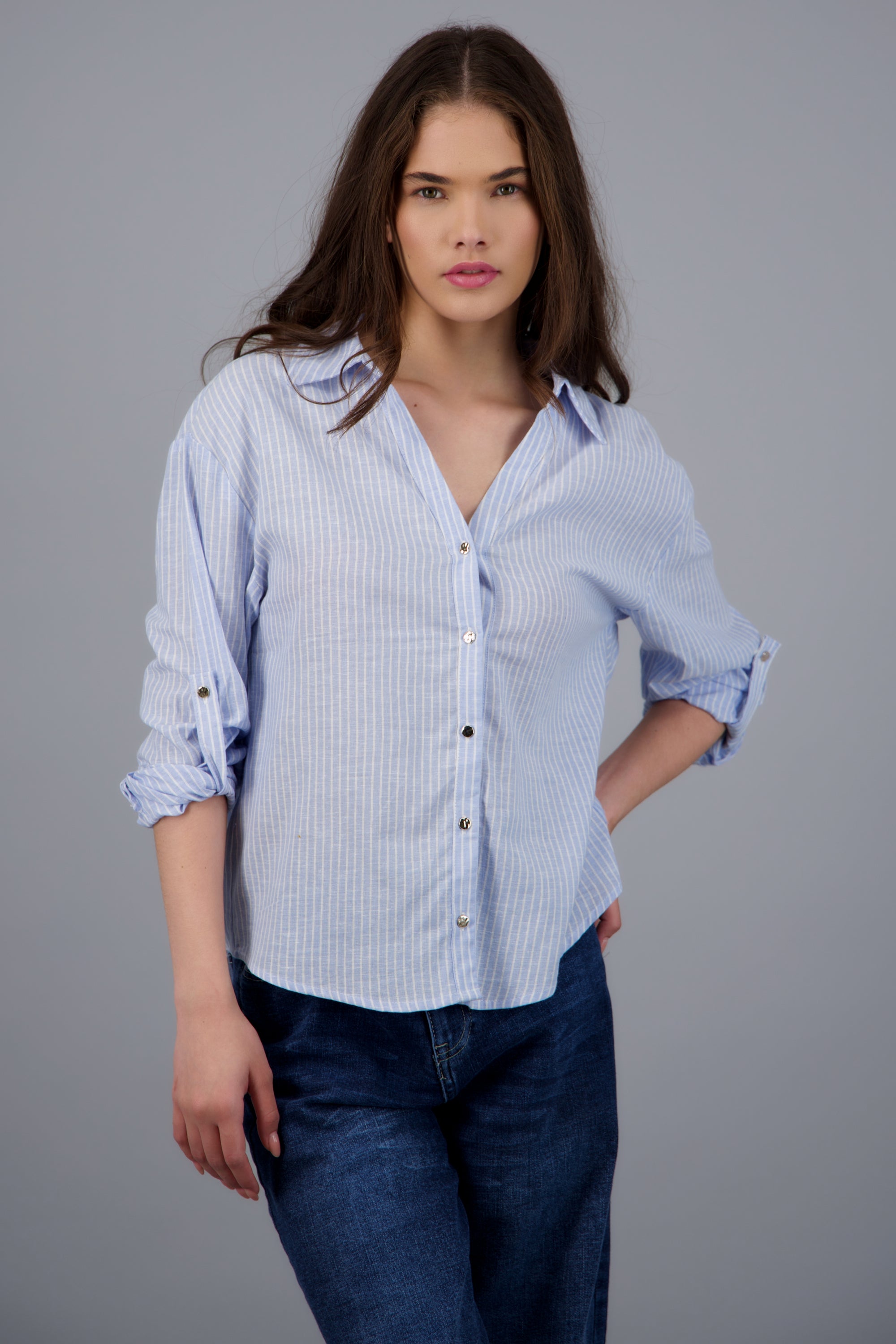 Camisa lino rayas detalle botones AZUL PASTEL
