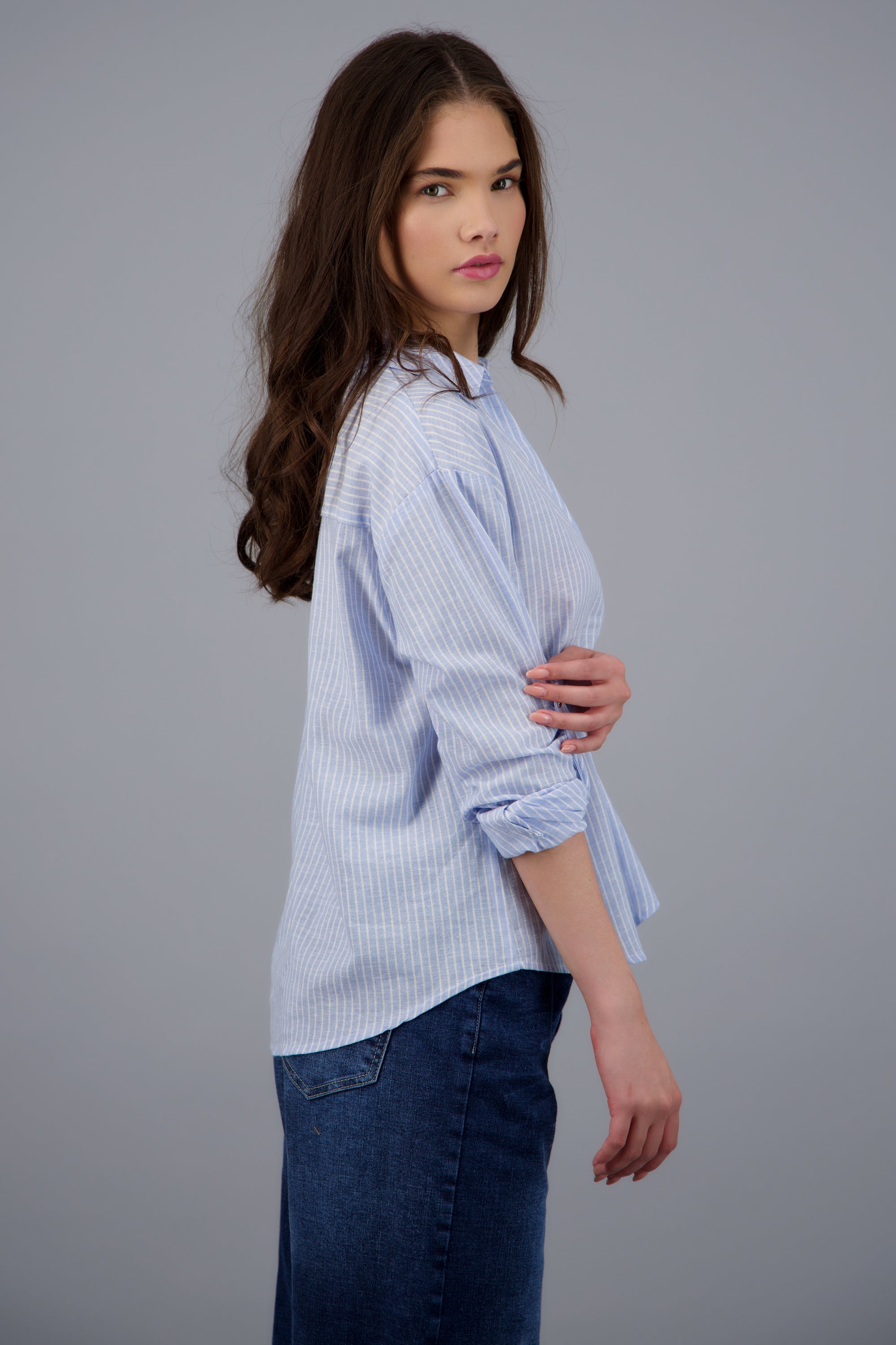 Camisa lino rayas detalle botones AZUL PASTEL