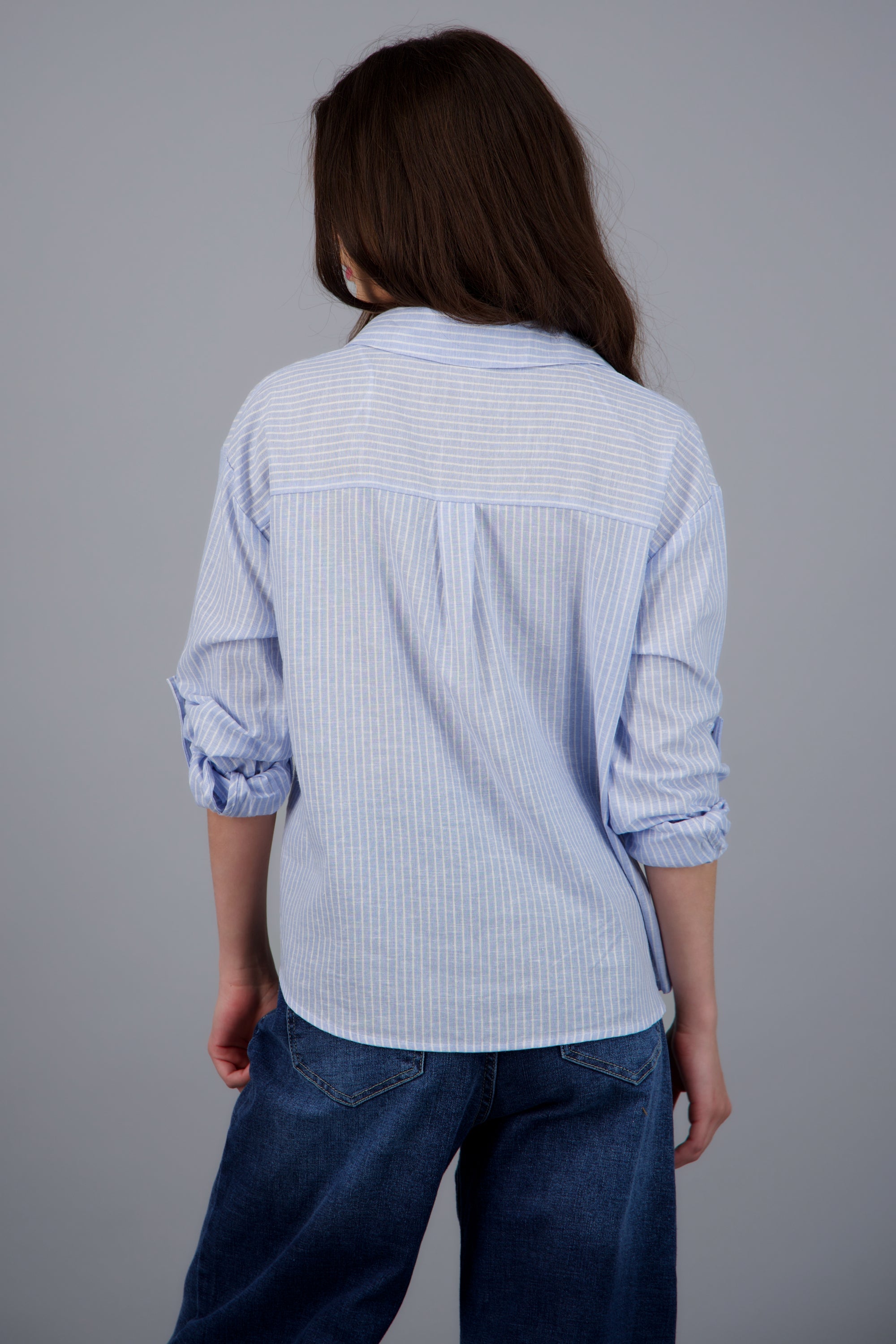 Camisa lino rayas detalle botones AZUL PASTEL