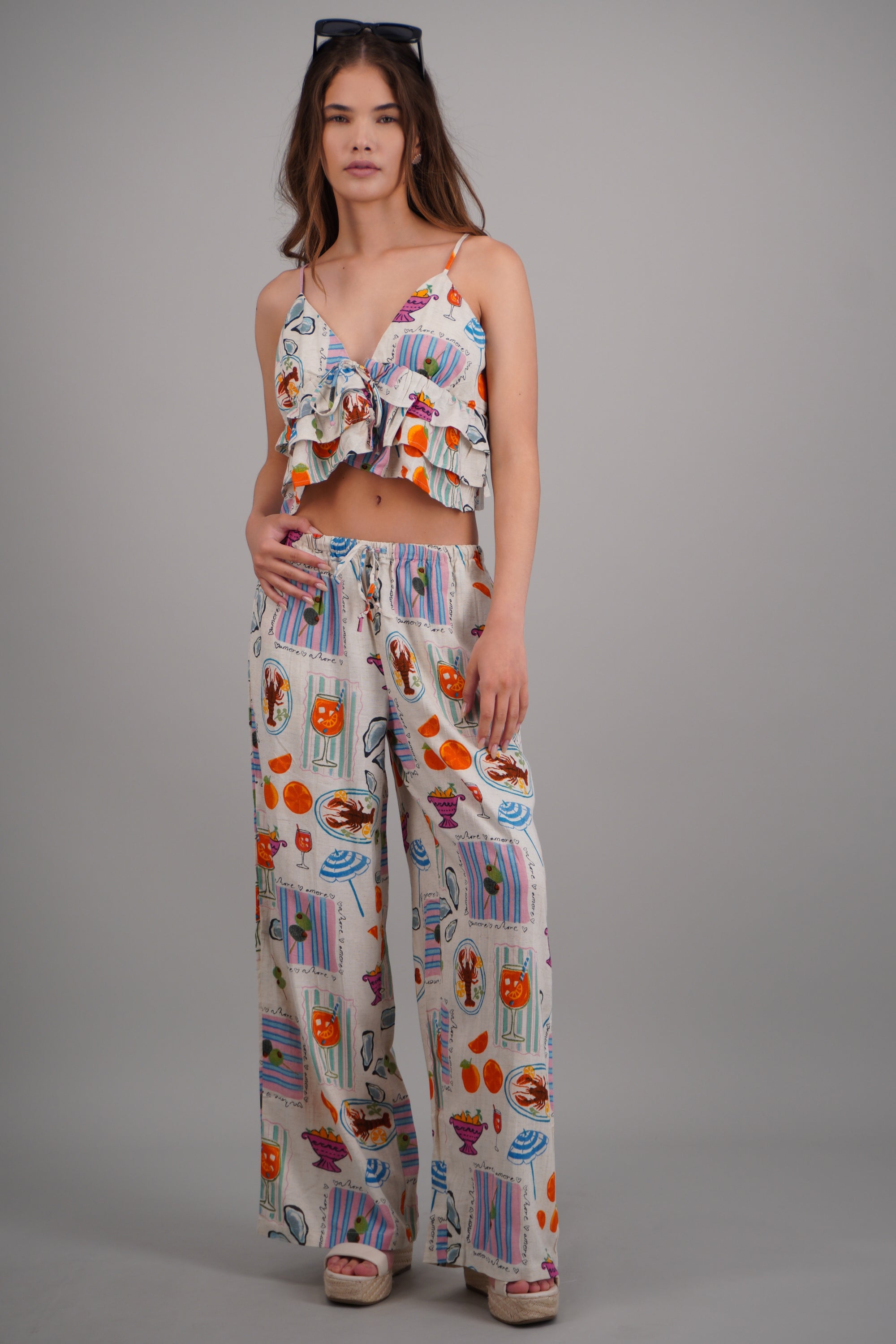 Pantalon amplio estampado con jareta BLANCO COMBO
