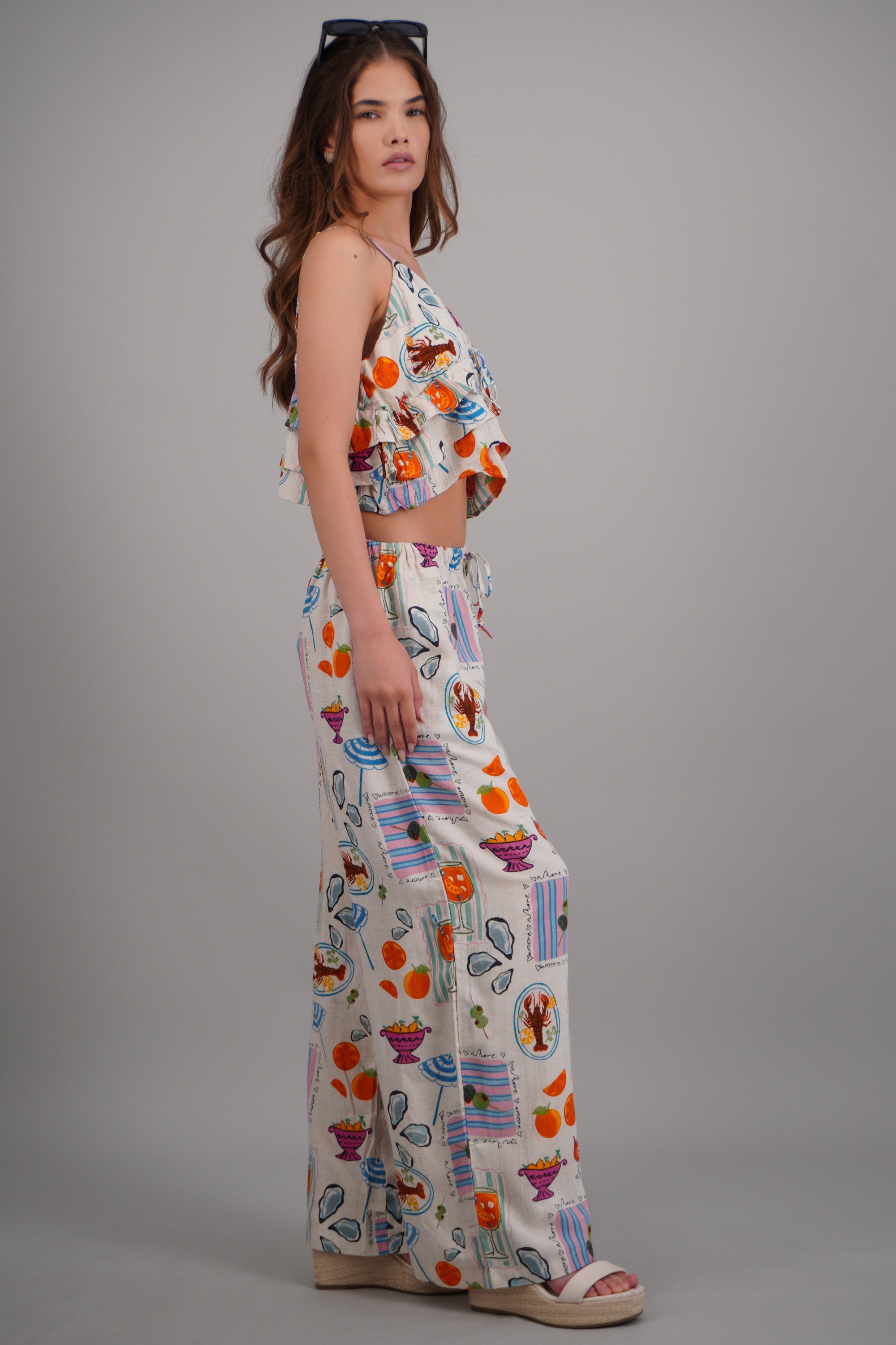 Pantalon amplio estampado con jareta BLANCO COMBO