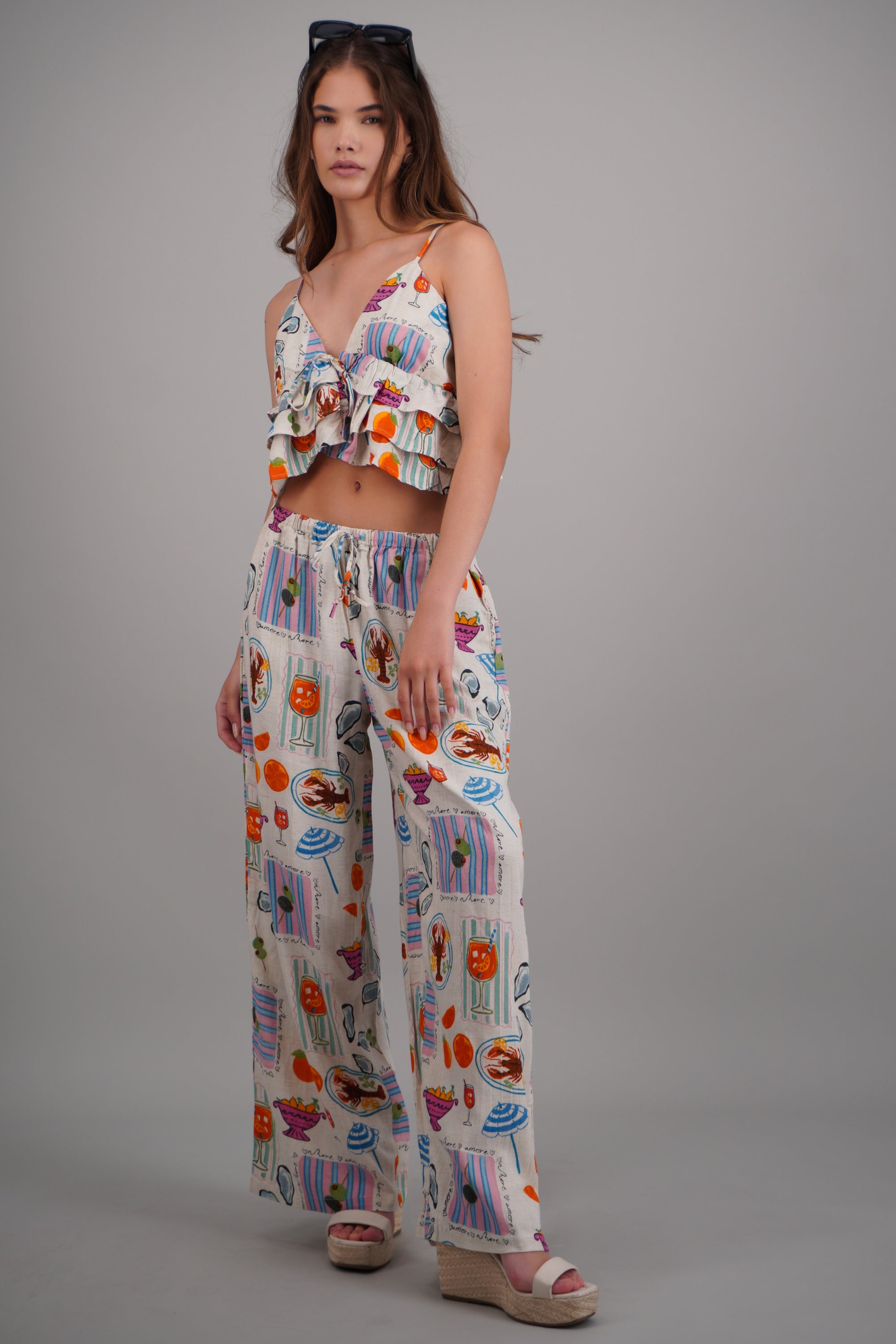Pantalon amplio estampado con jareta BLANCO COMBO