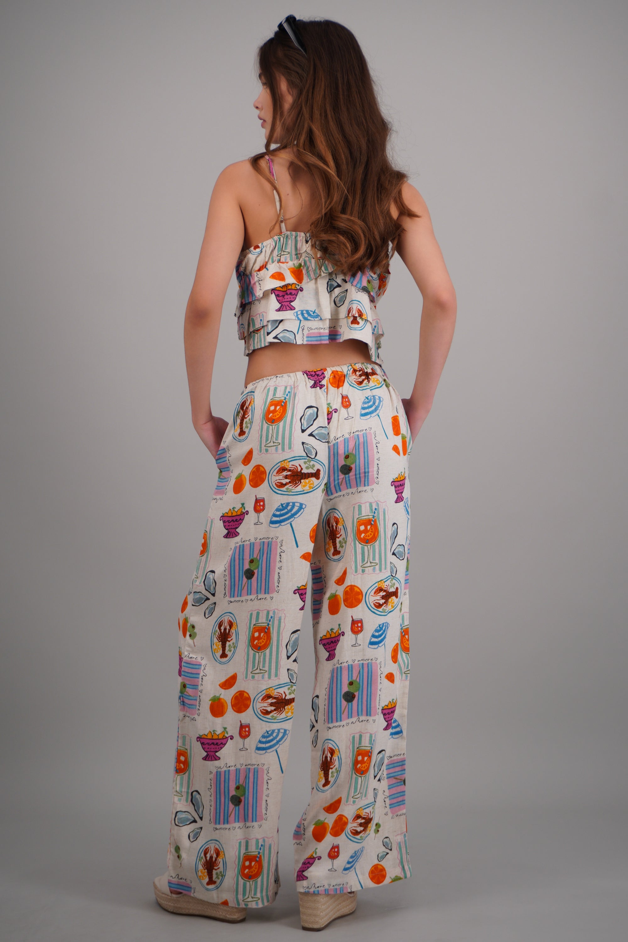 Pantalon amplio estampado con jareta BLANCO COMBO