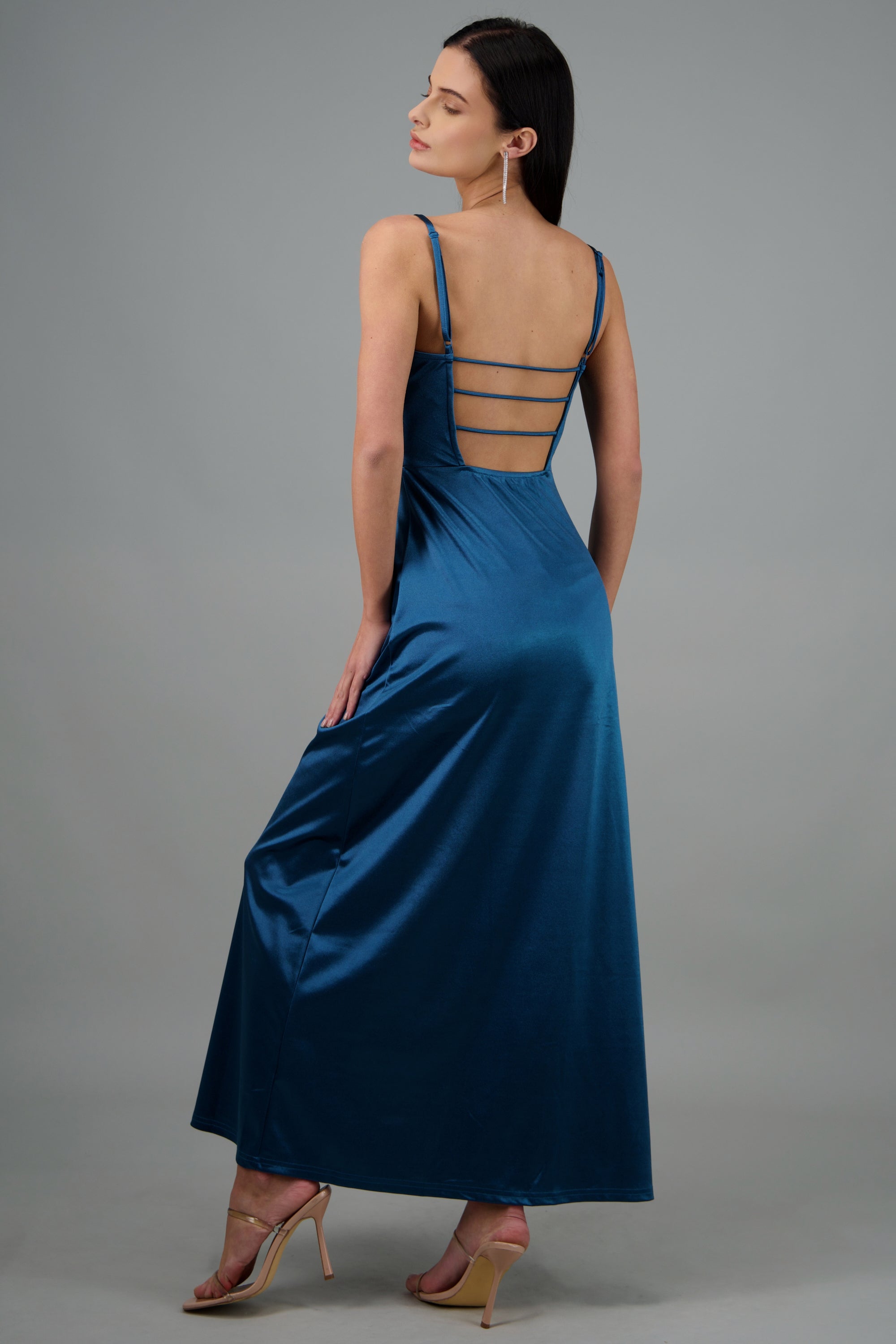 Vestido maxi satin espalda abierta AZUL PATO