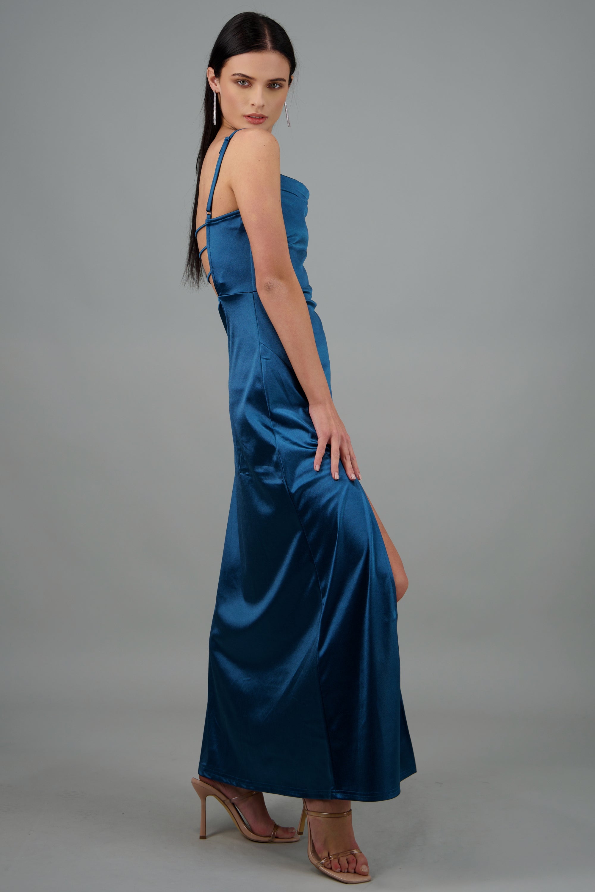Vestido maxi satin espalda abierta AZUL PATO