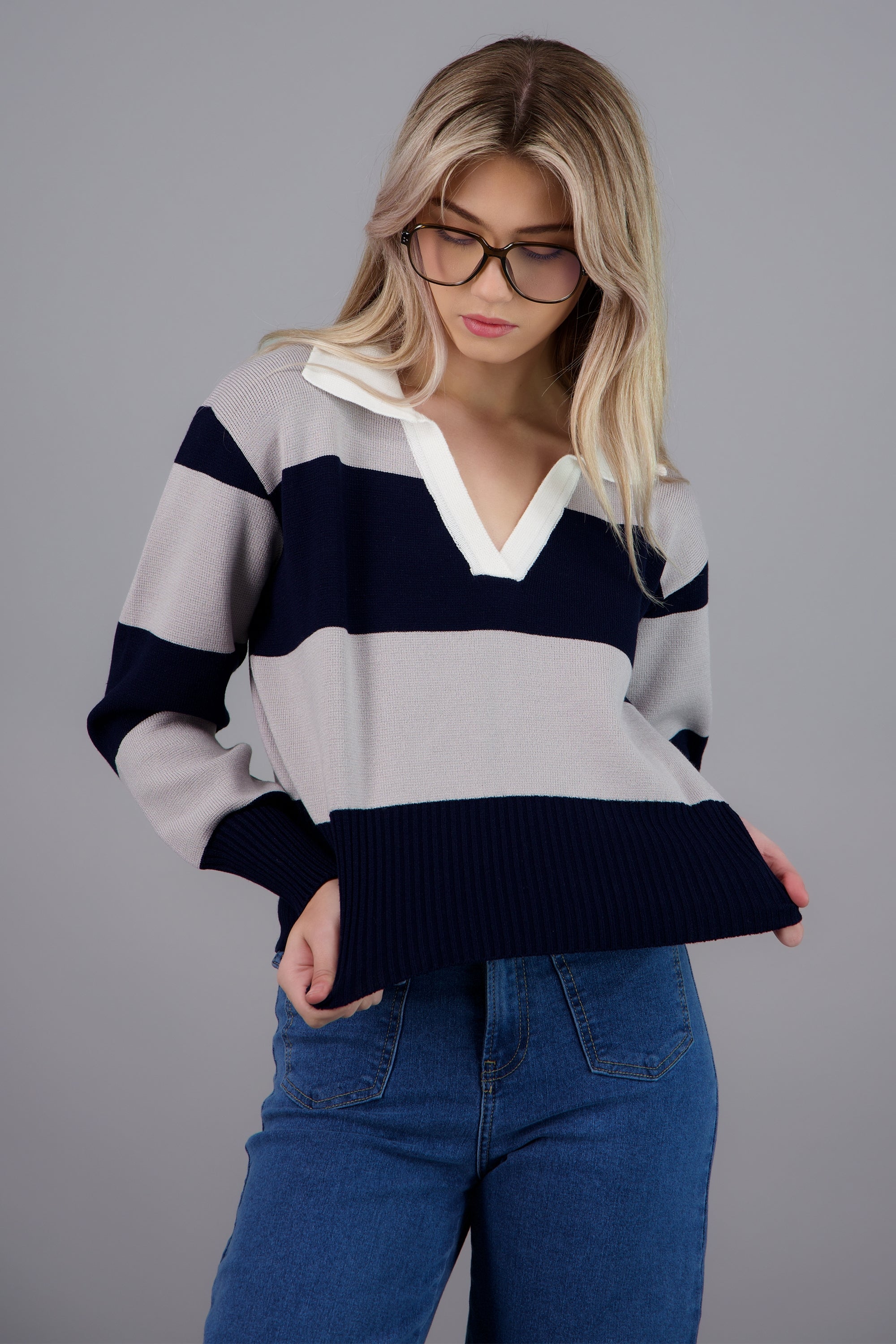 suéter rayas cuello polo AZUL COMBO