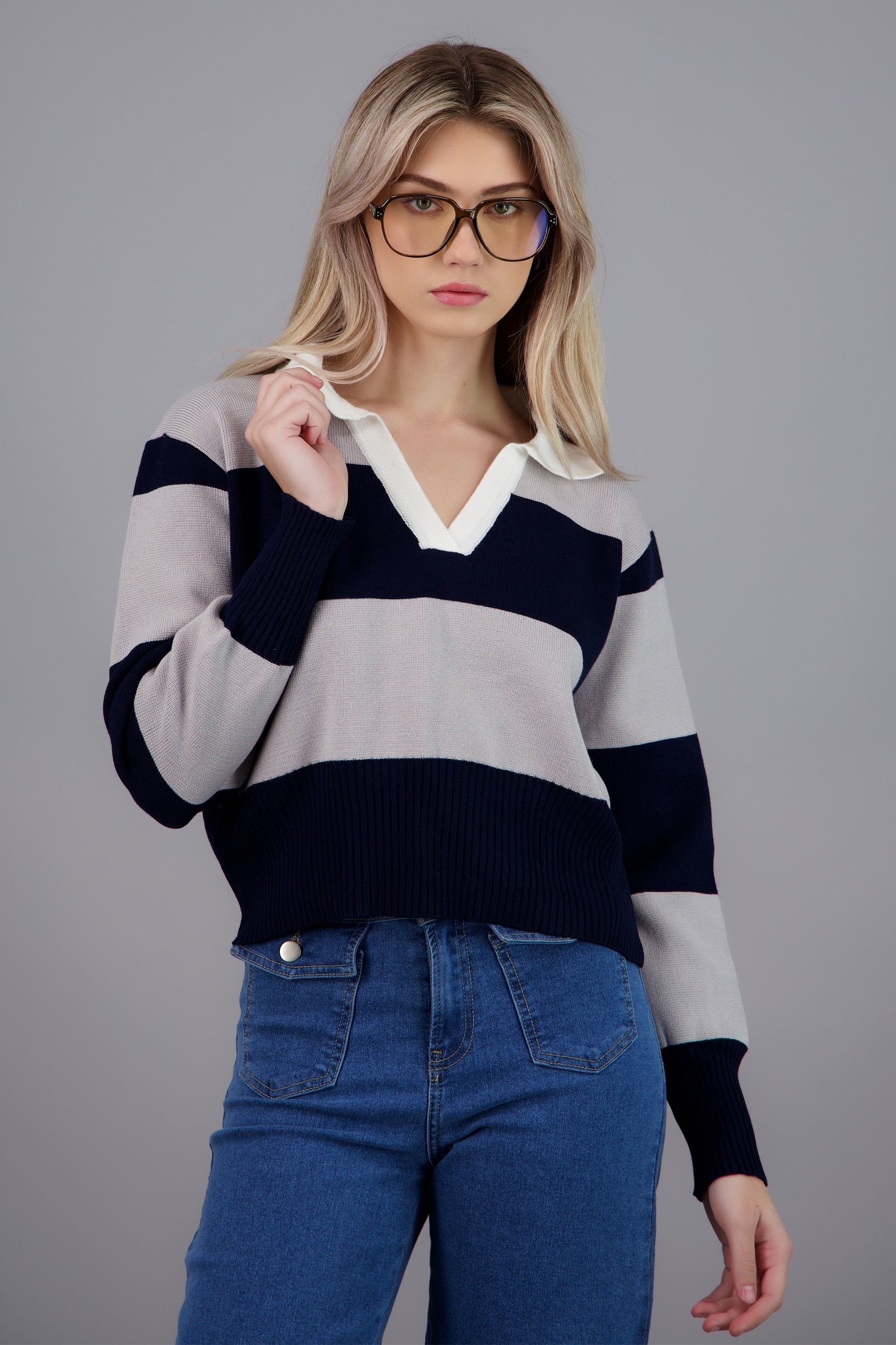 suéter rayas cuello polo AZUL COMBO