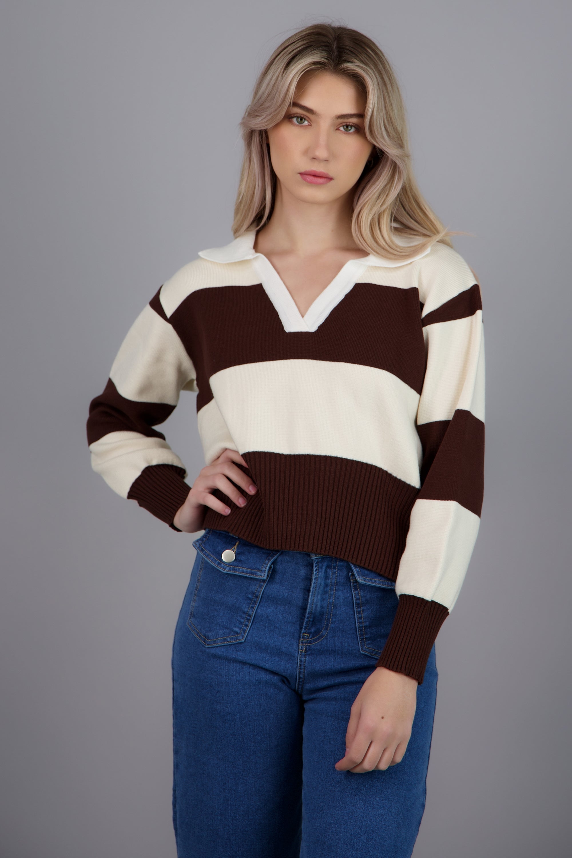 suéter rayas cuello polo CAFE COMBO