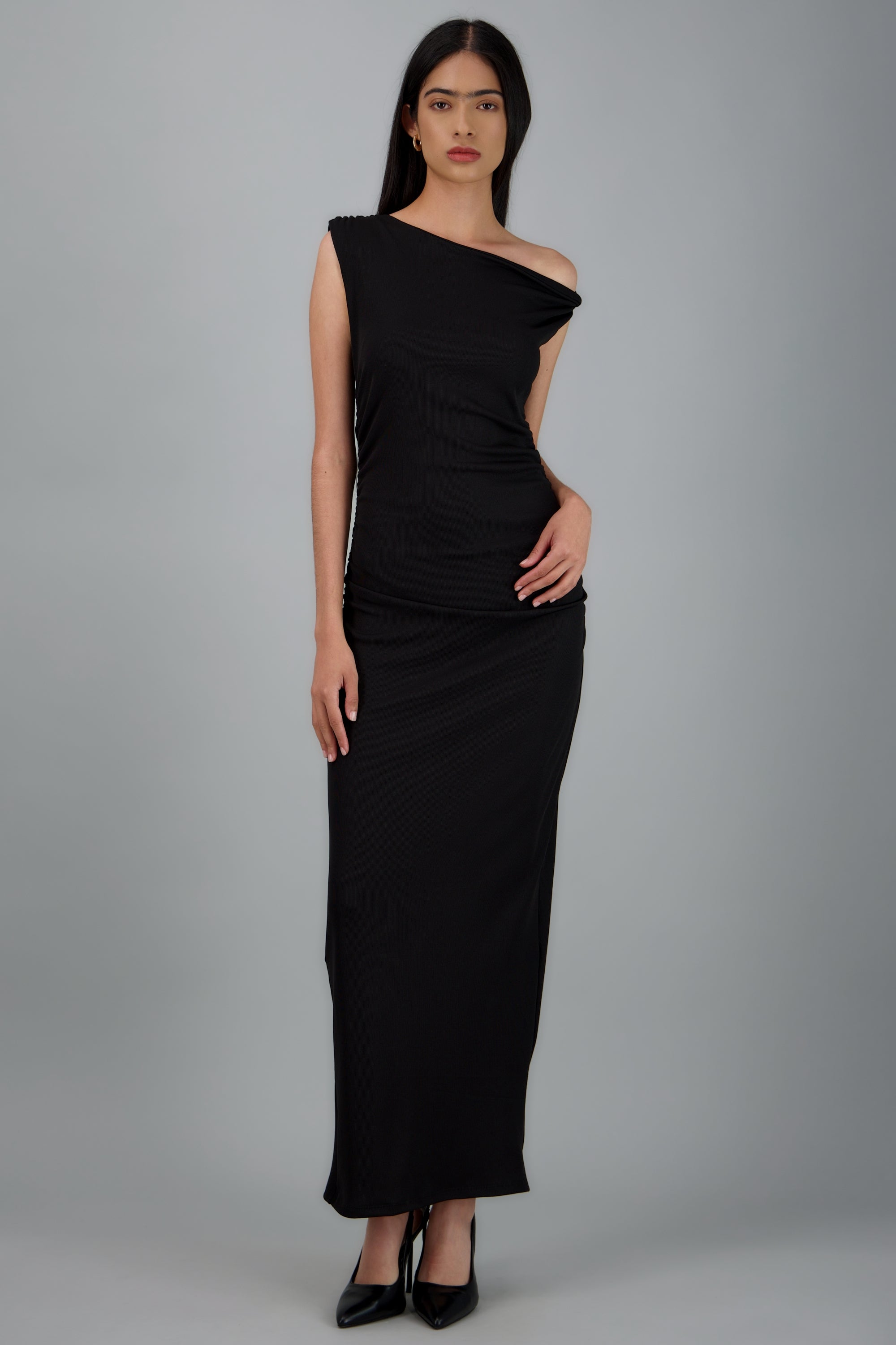 Vestido maxi rib tirantes asimetricos NEGRO