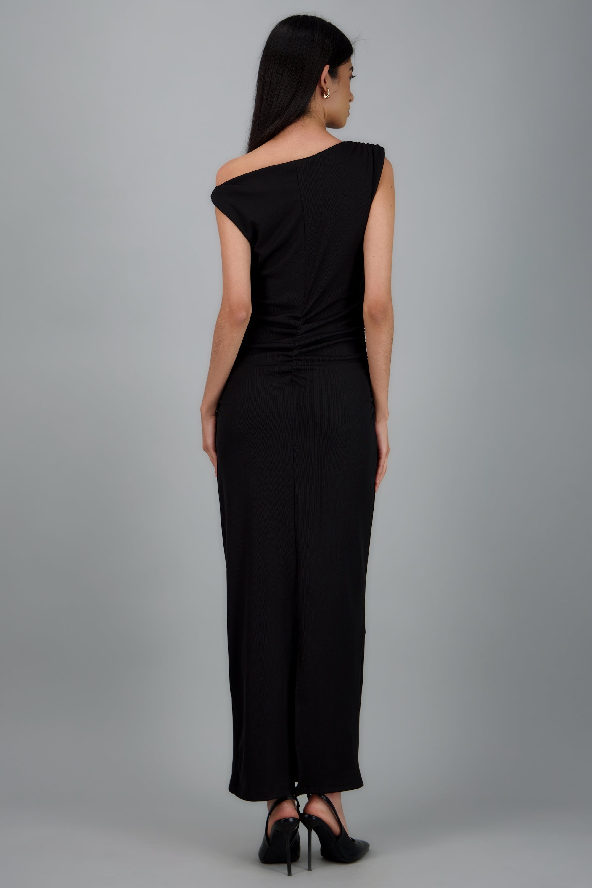 Vestido maxi rib tirantes asimetricos NEGRO