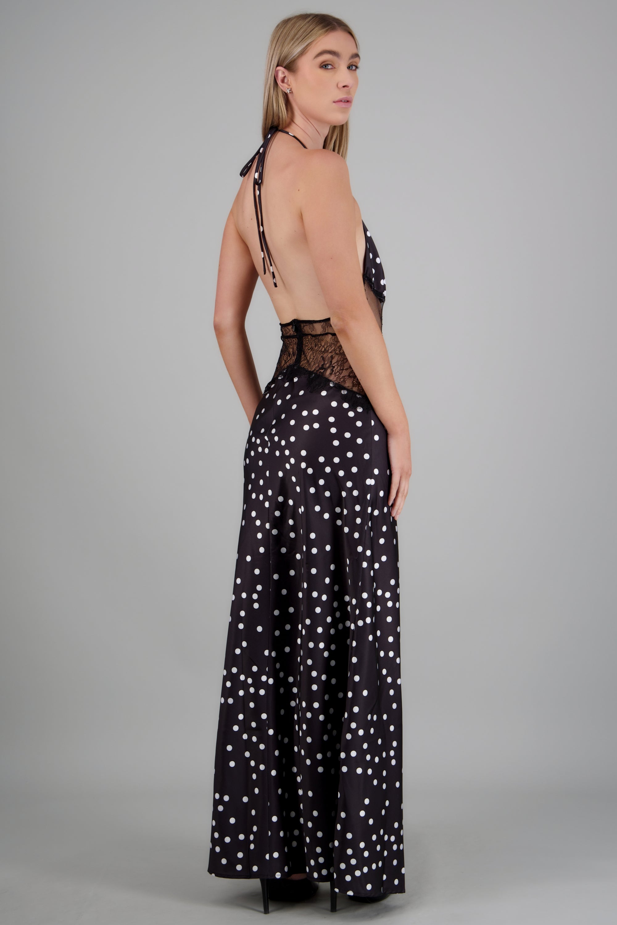 Vestido maxi encaje espalda descubierta polka dots NEGRO COMBO