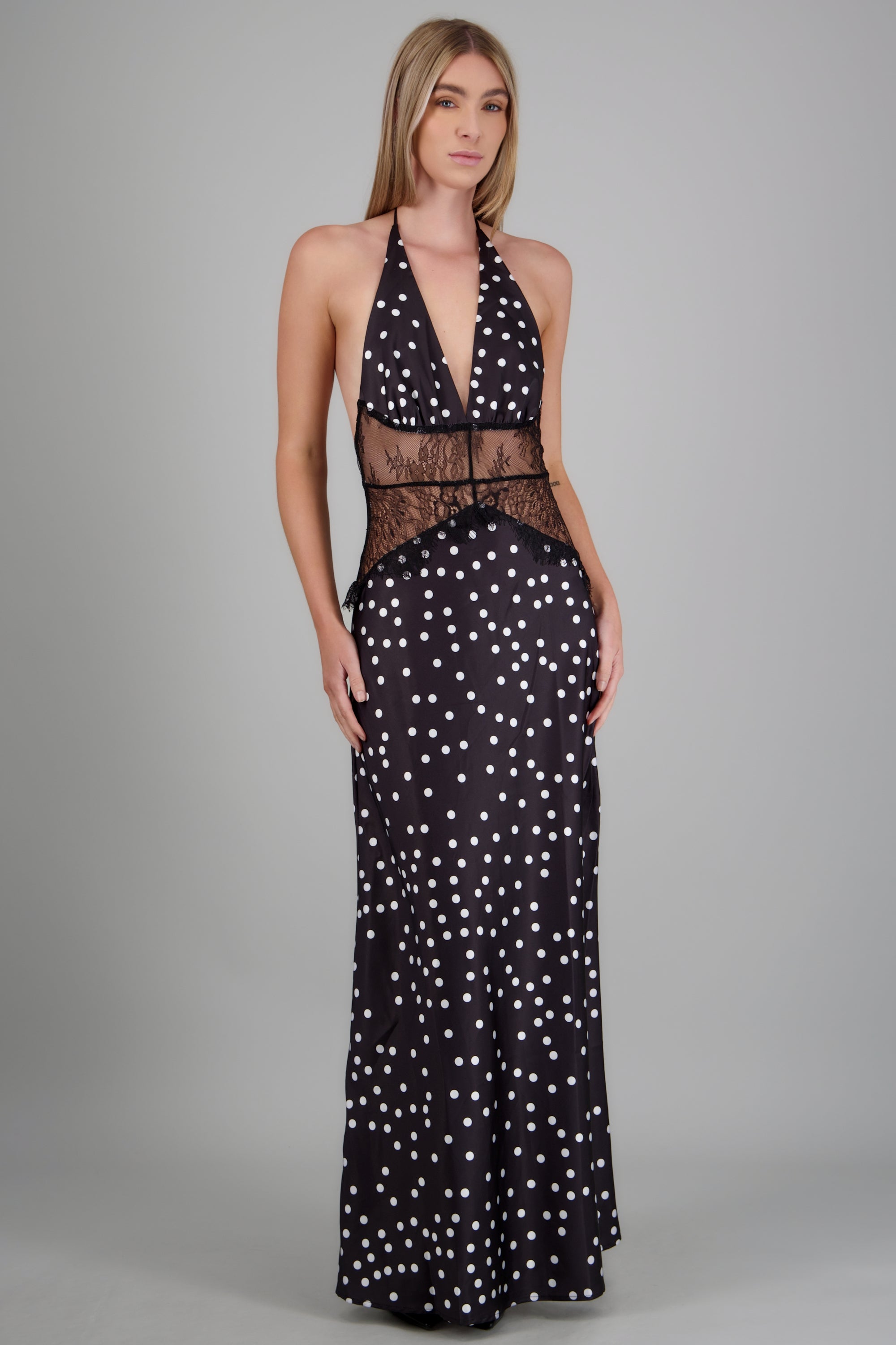 Vestido maxi encaje espalda descubierta polka dots NEGRO COMBO