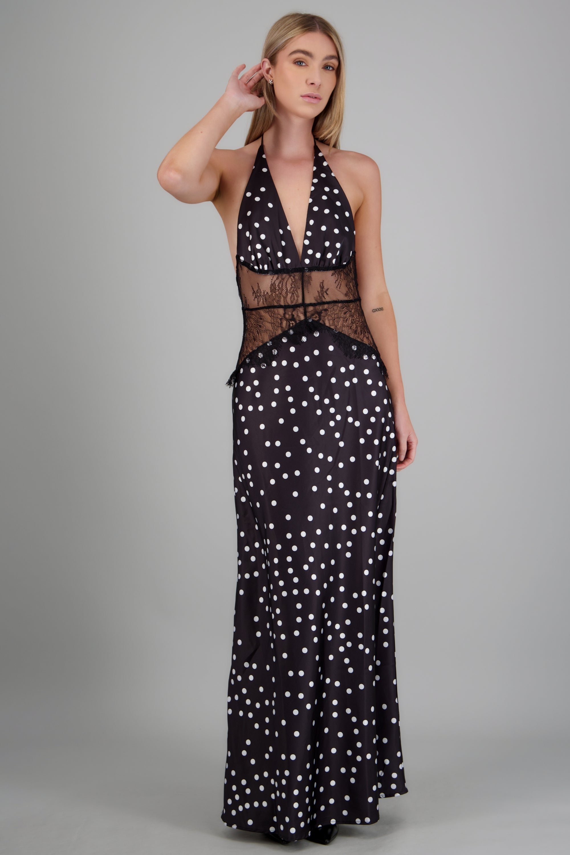 Vestido maxi encaje espalda descubierta polka dots NEGRO COMBO