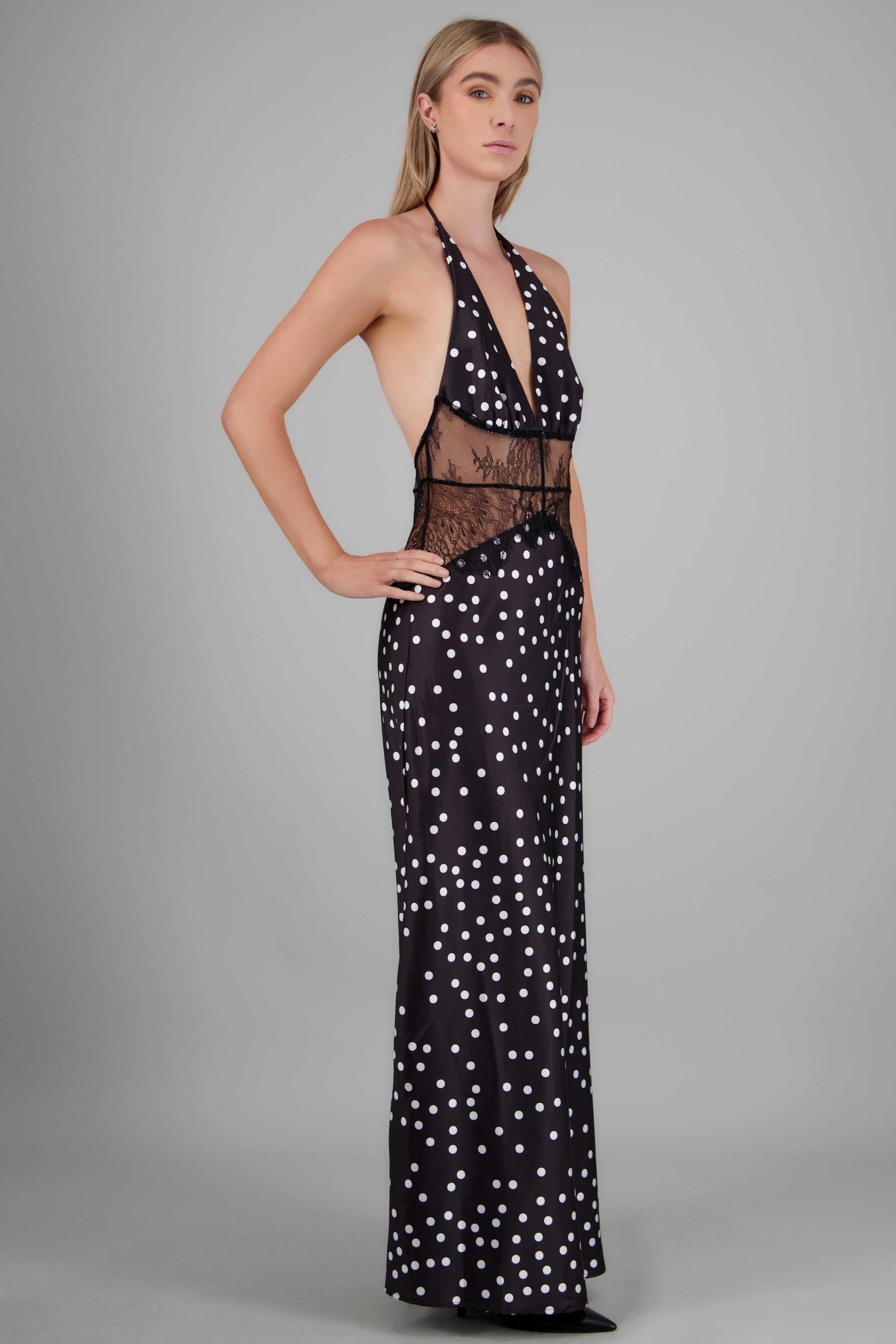 Vestido maxi encaje espalda descubierta polka dots NEGRO COMBO