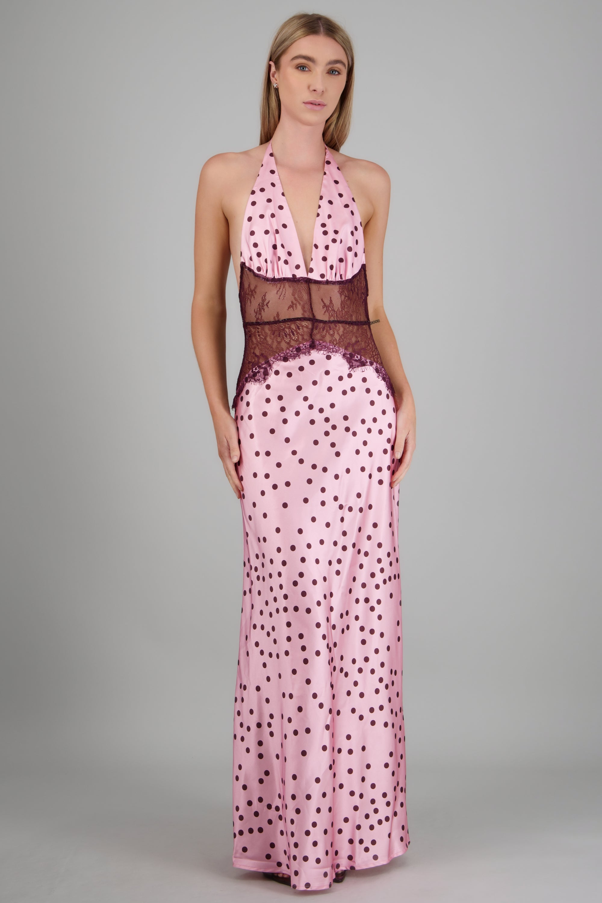 Vestido maxi encaje espalda descubierta polka dots ROSA COMBO