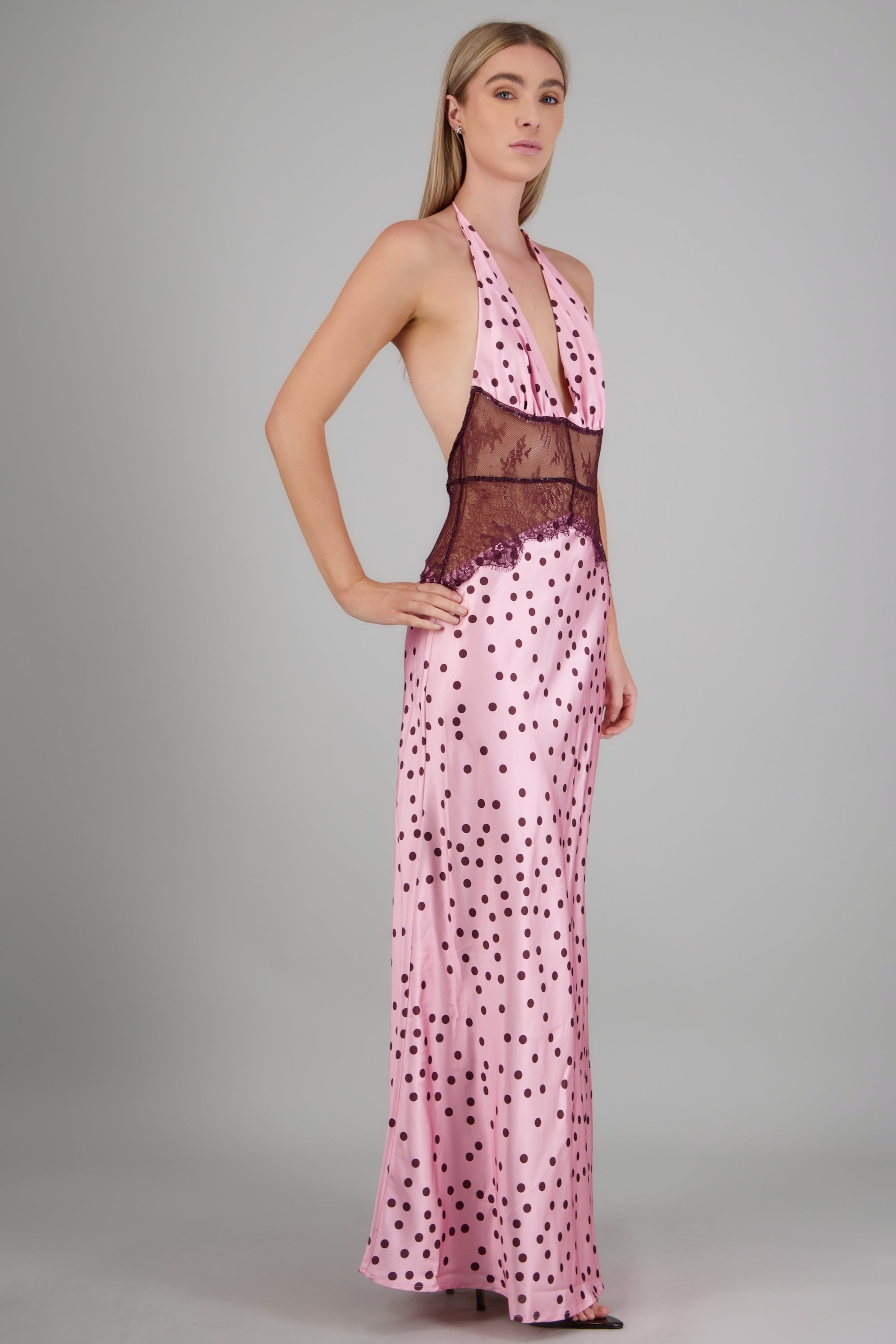 Vestido maxi encaje espalda descubierta polka dots ROSA COMBO
