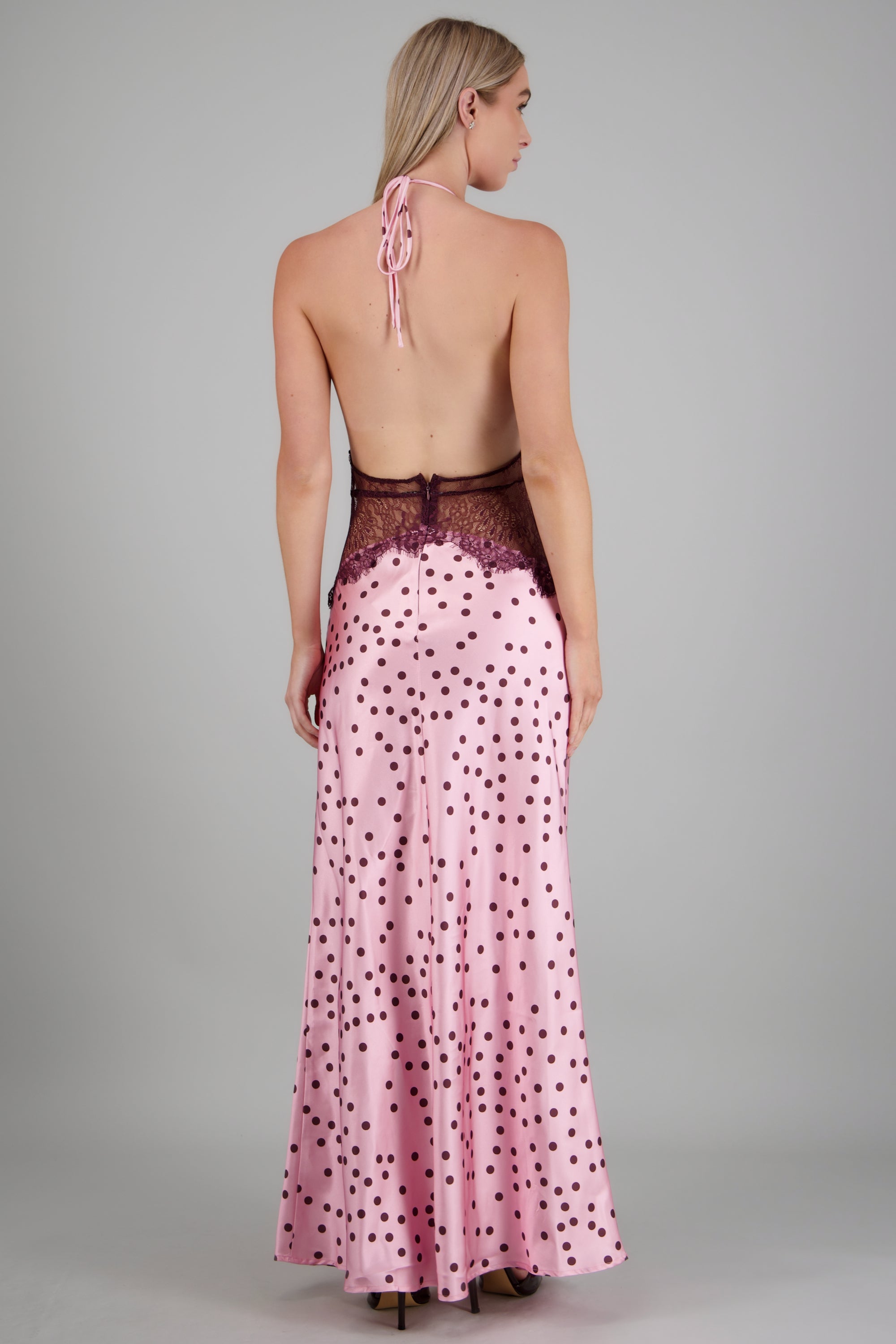 Vestido maxi encaje espalda descubierta polka dots ROSA COMBO