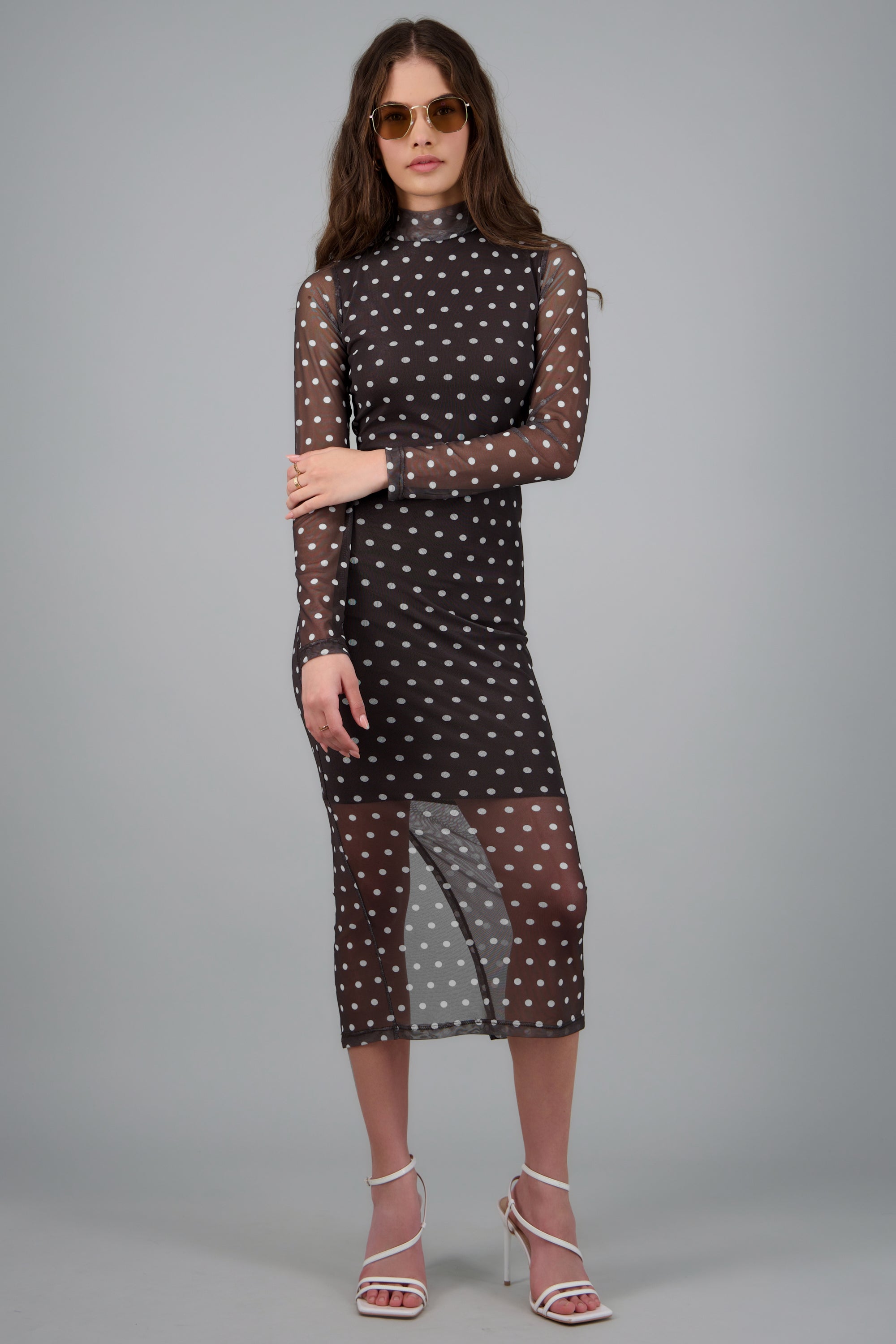 Vestido midi de mesh manga larga polka dots CAFE COMBO