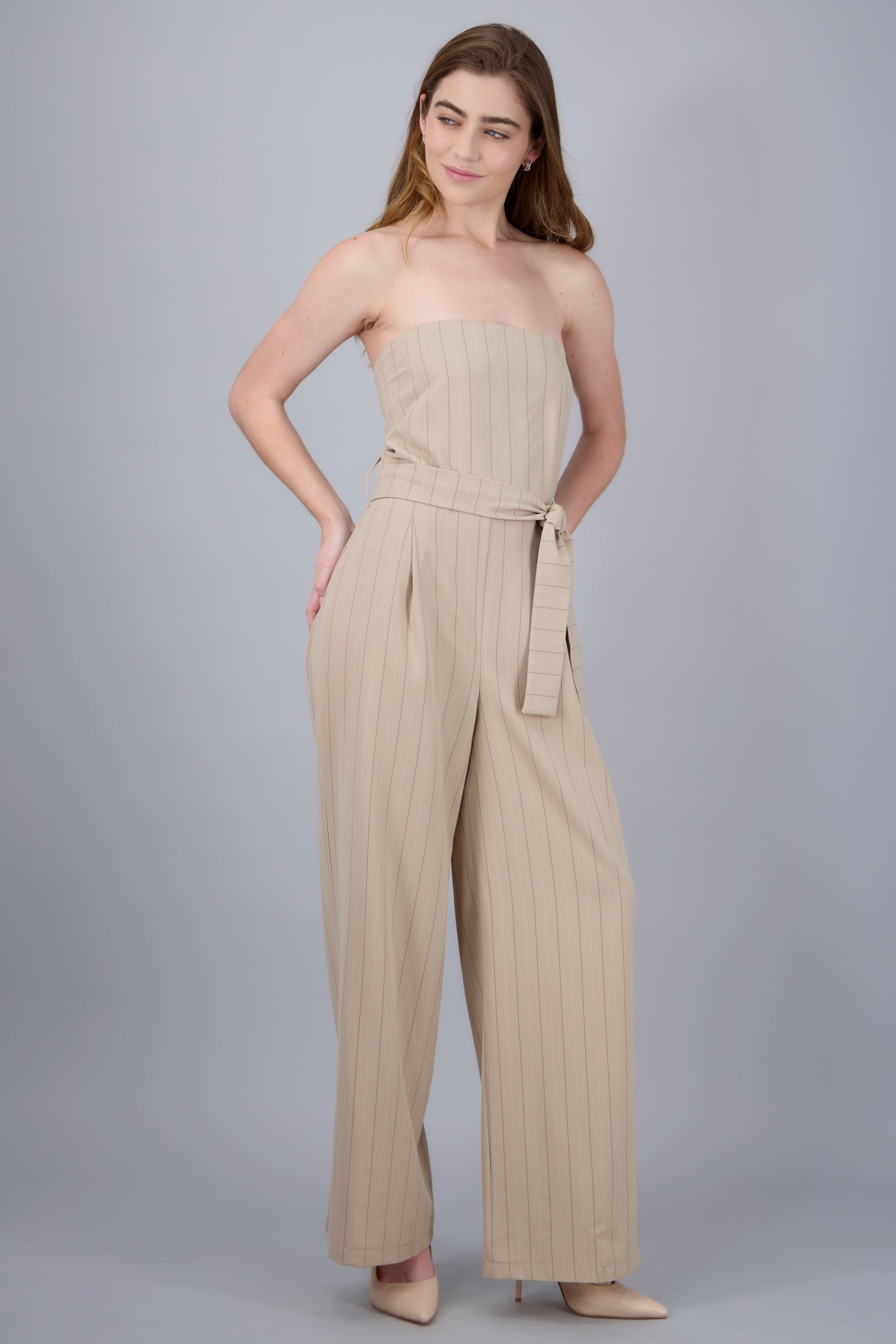 Jumpsuit rayas strapless BEIGE