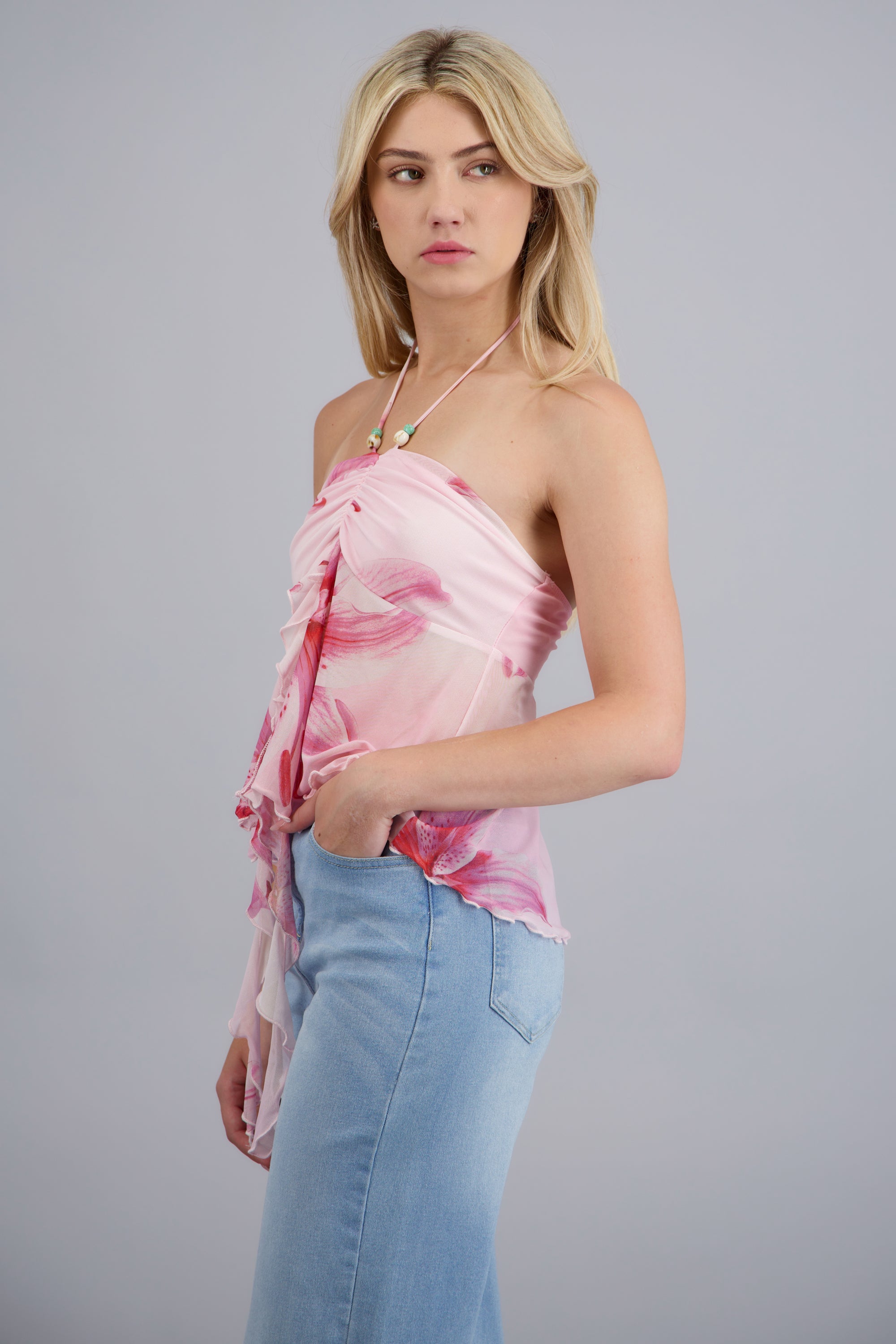 Top estampado flores con olanes detalle cuentas ROSA COMBO