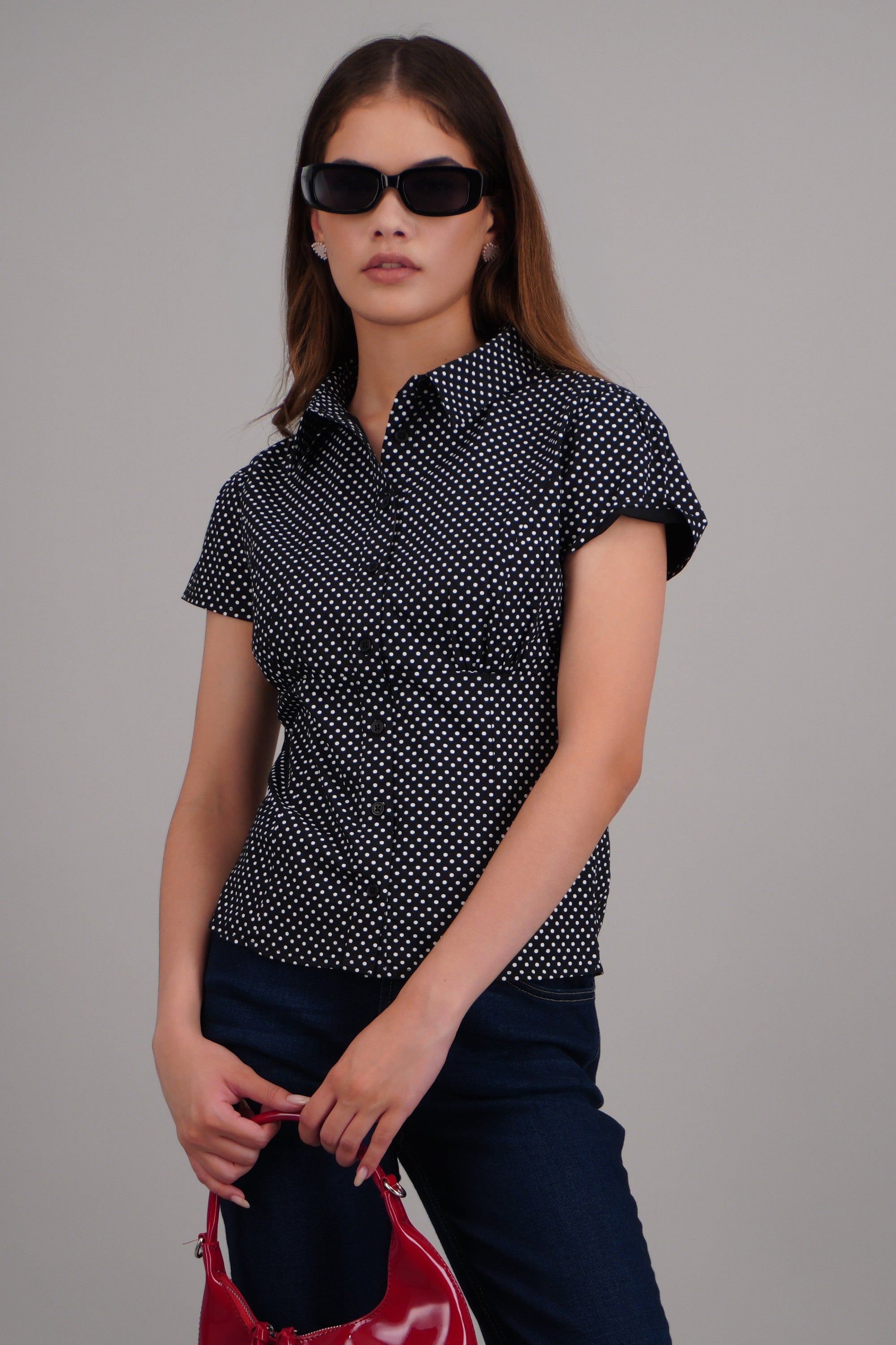 Blusa manga corta estampado polkas NEGRO COMBO