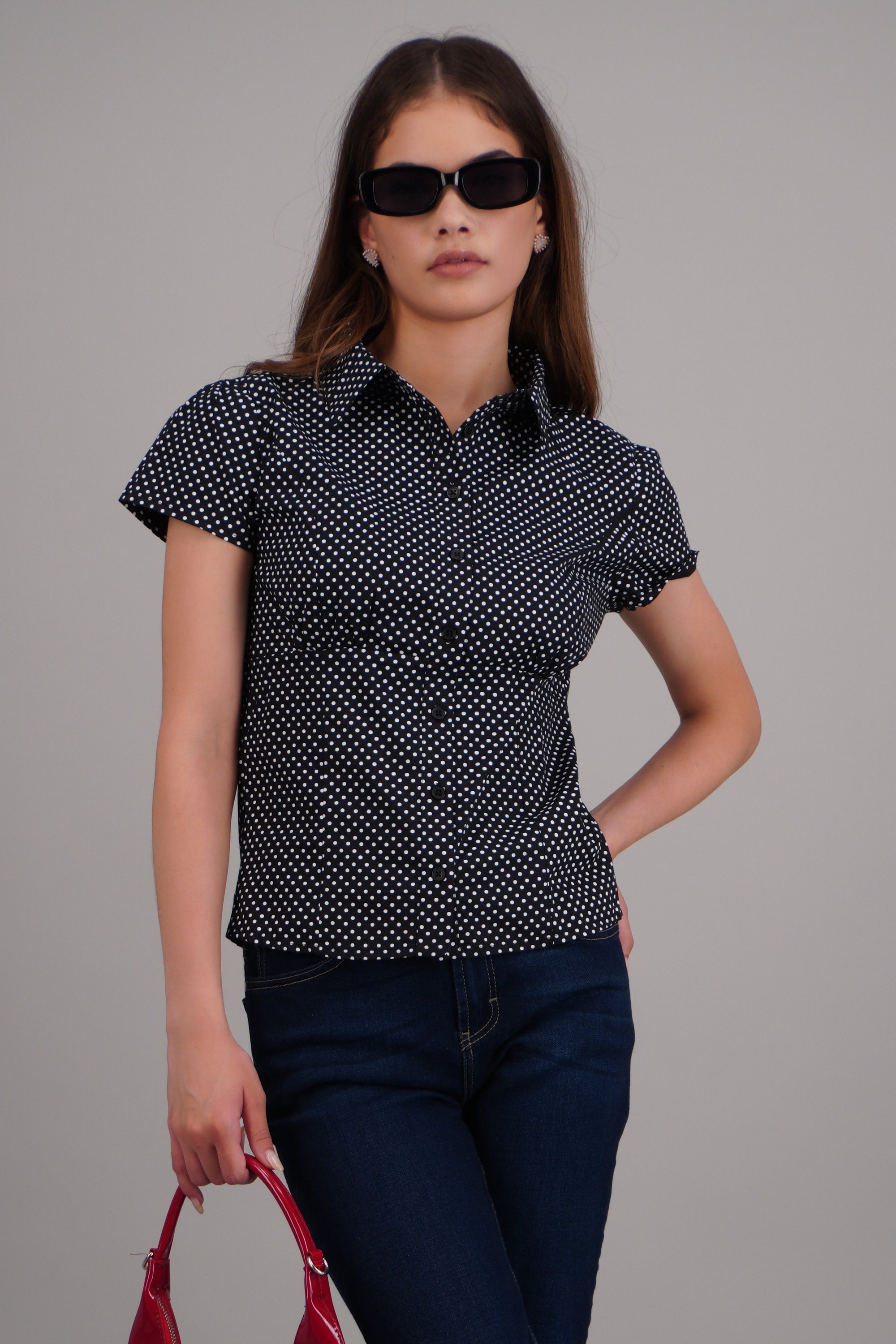 Blusa manga corta estampado polkas NEGRO COMBO