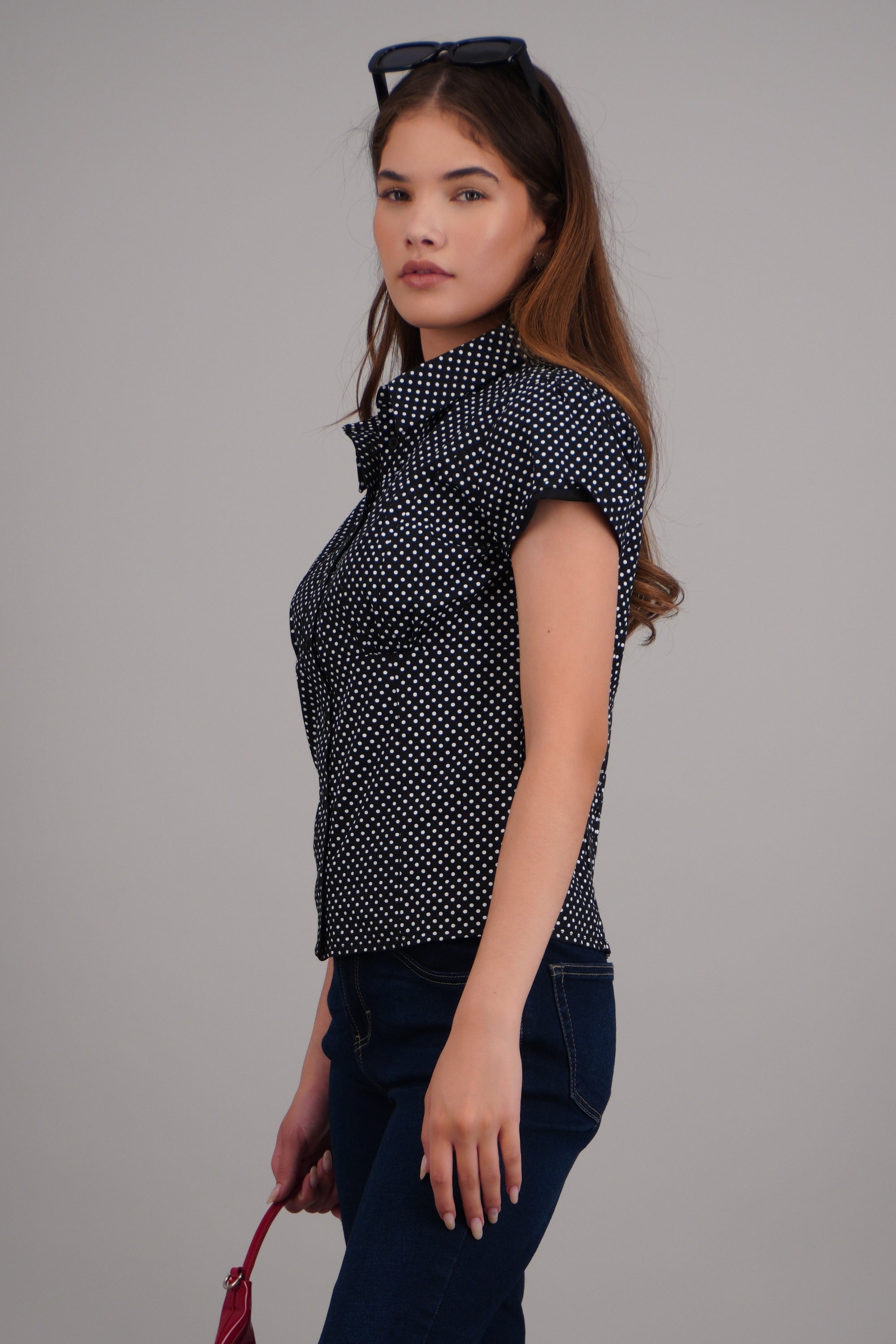 Blusa manga corta estampado polkas NEGRO COMBO