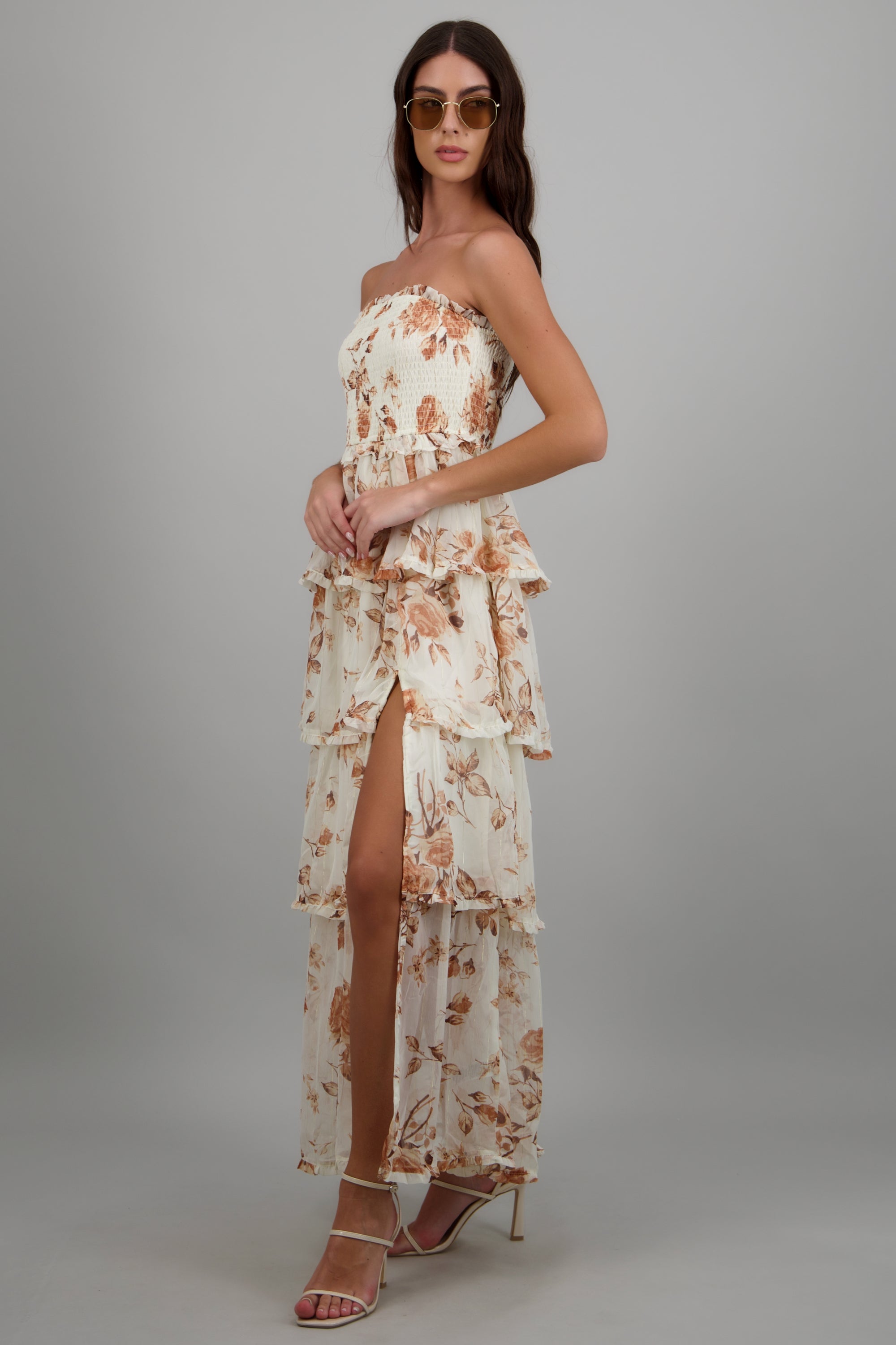 Vestido strapless estampado flores lurex HUESO COMBO