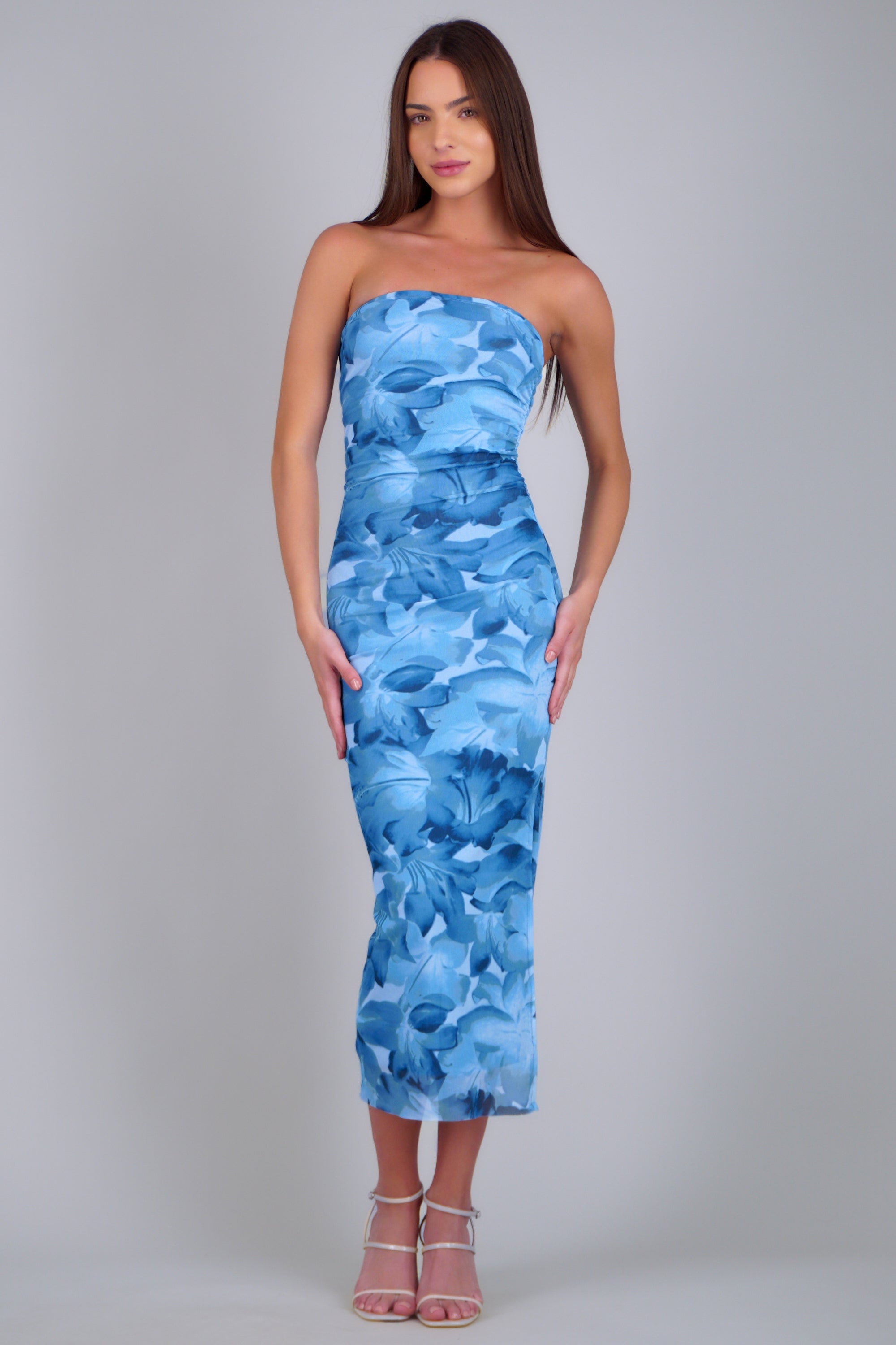 Vestido strapless estampado flores AZUL COMBO