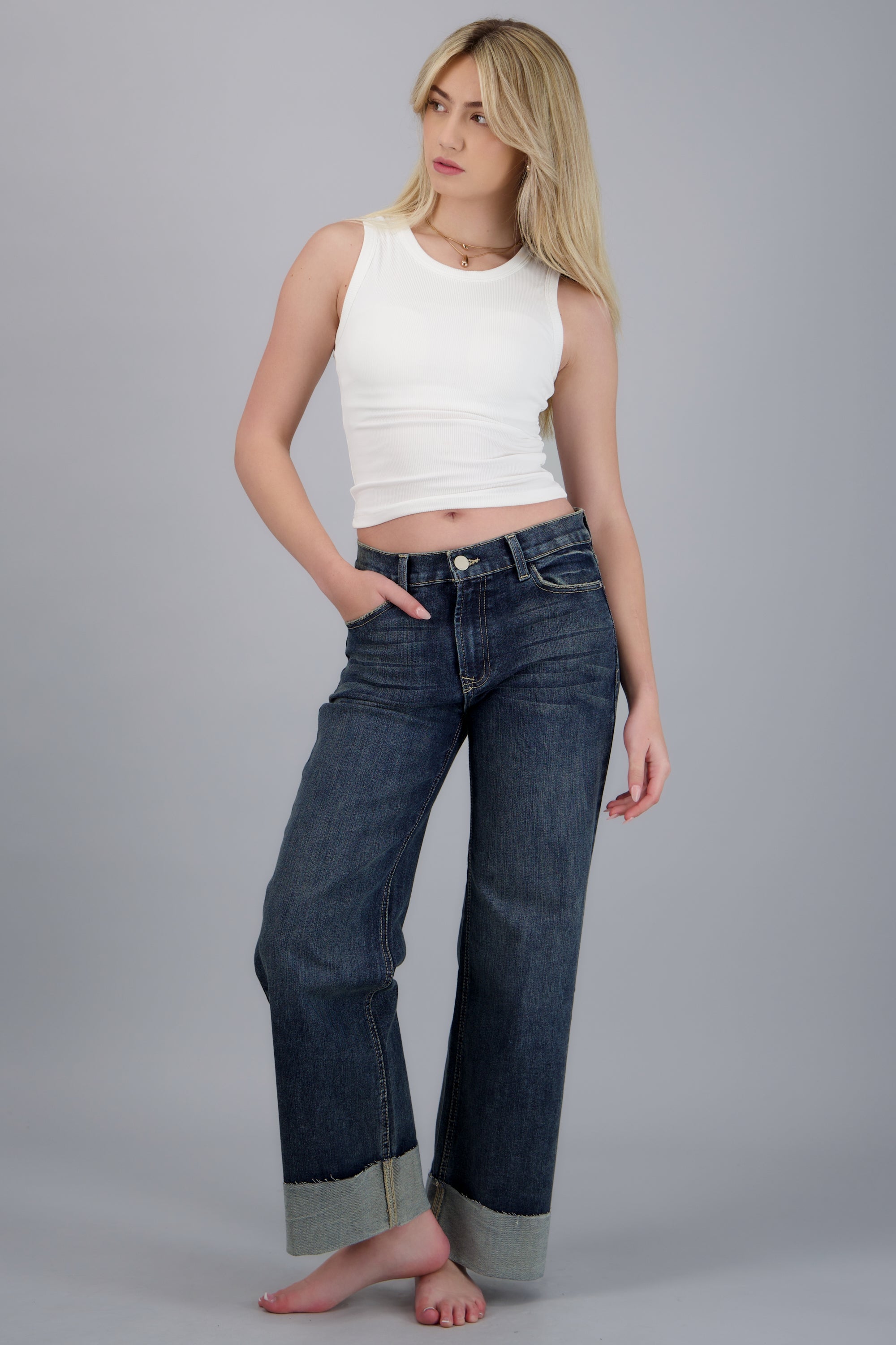 Jeans wide leg dobladillo DARK WASH