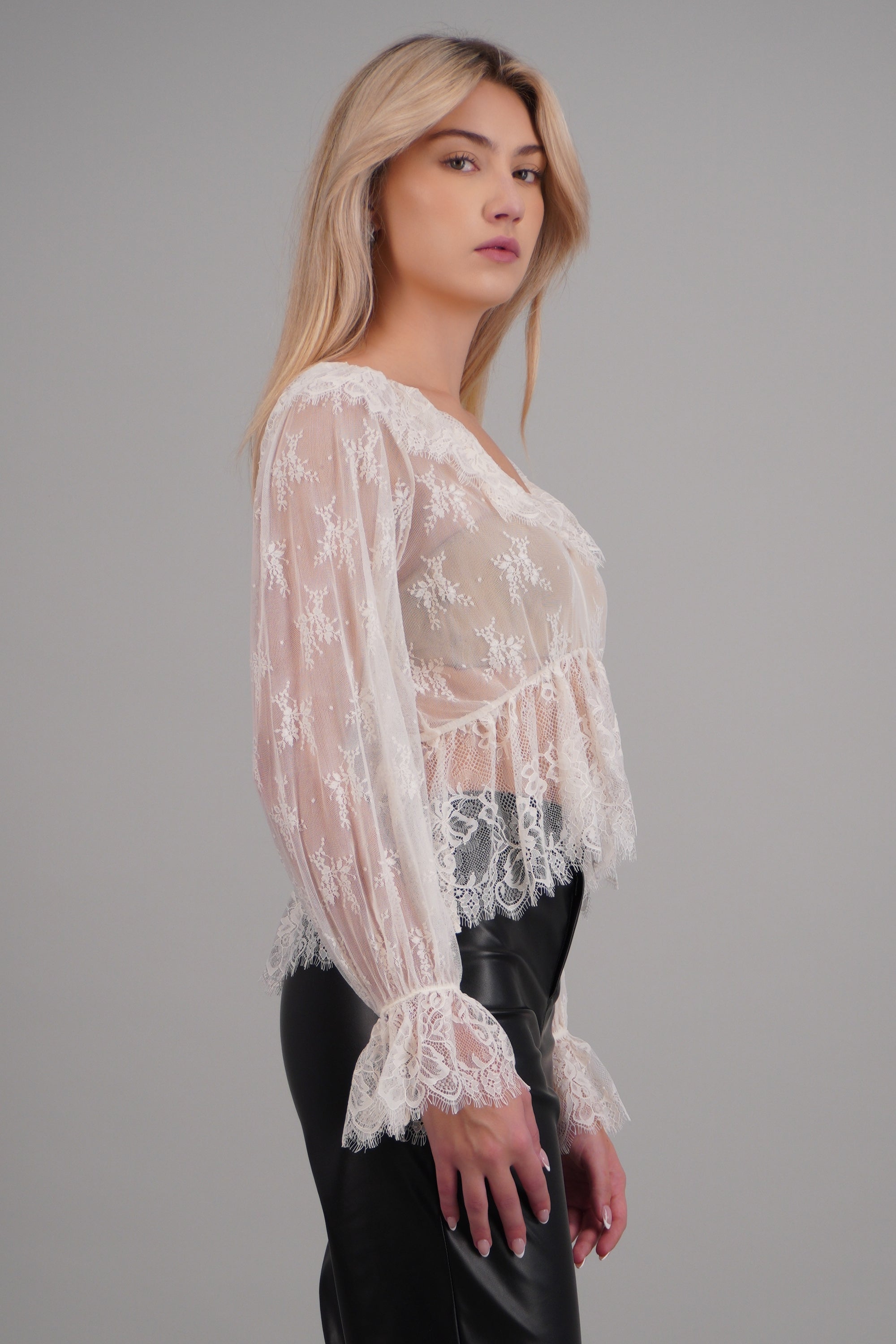 Blusa de encaje manga larga BLANCO