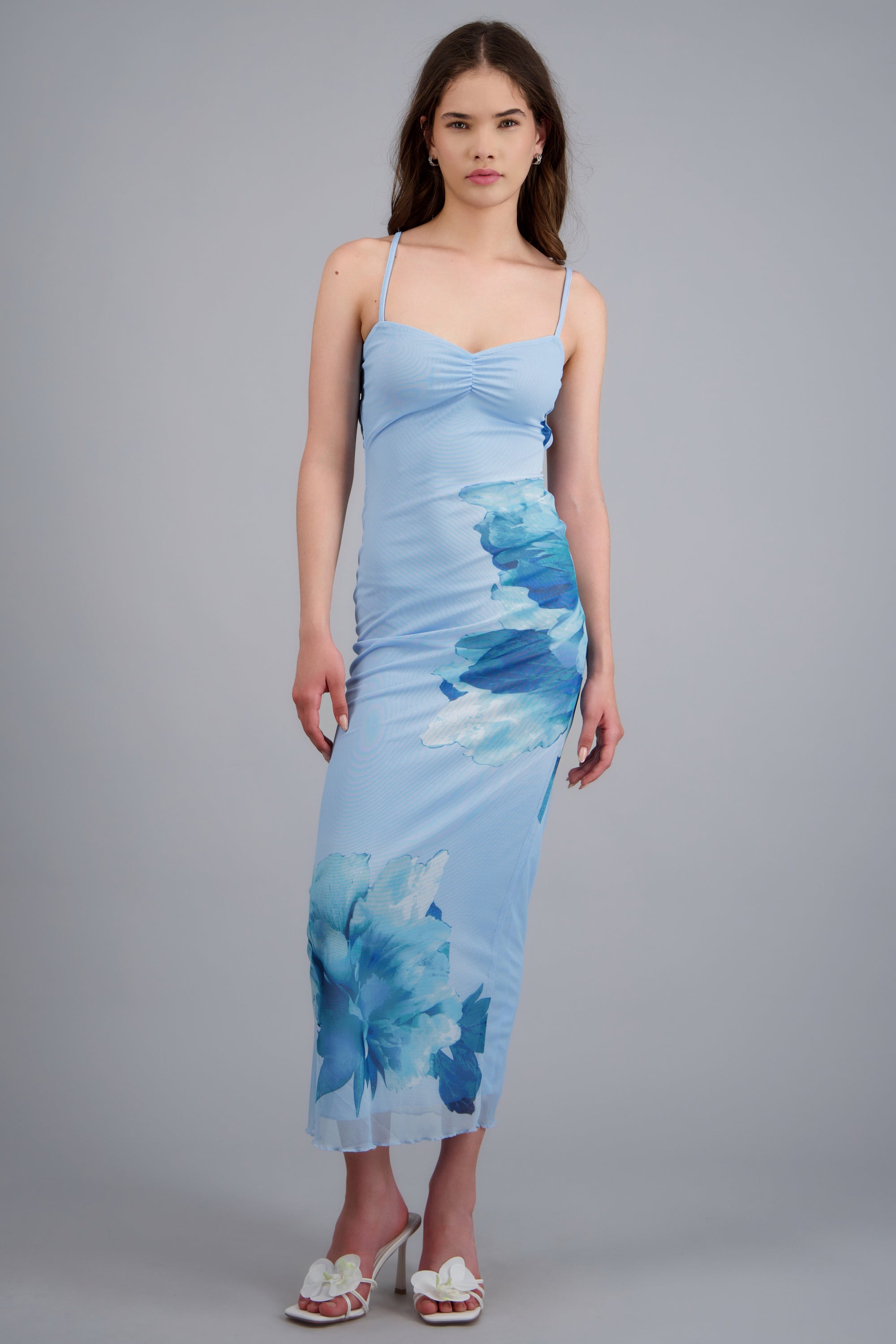 Vestido maxi estampado flores mesh AZUL COMBO