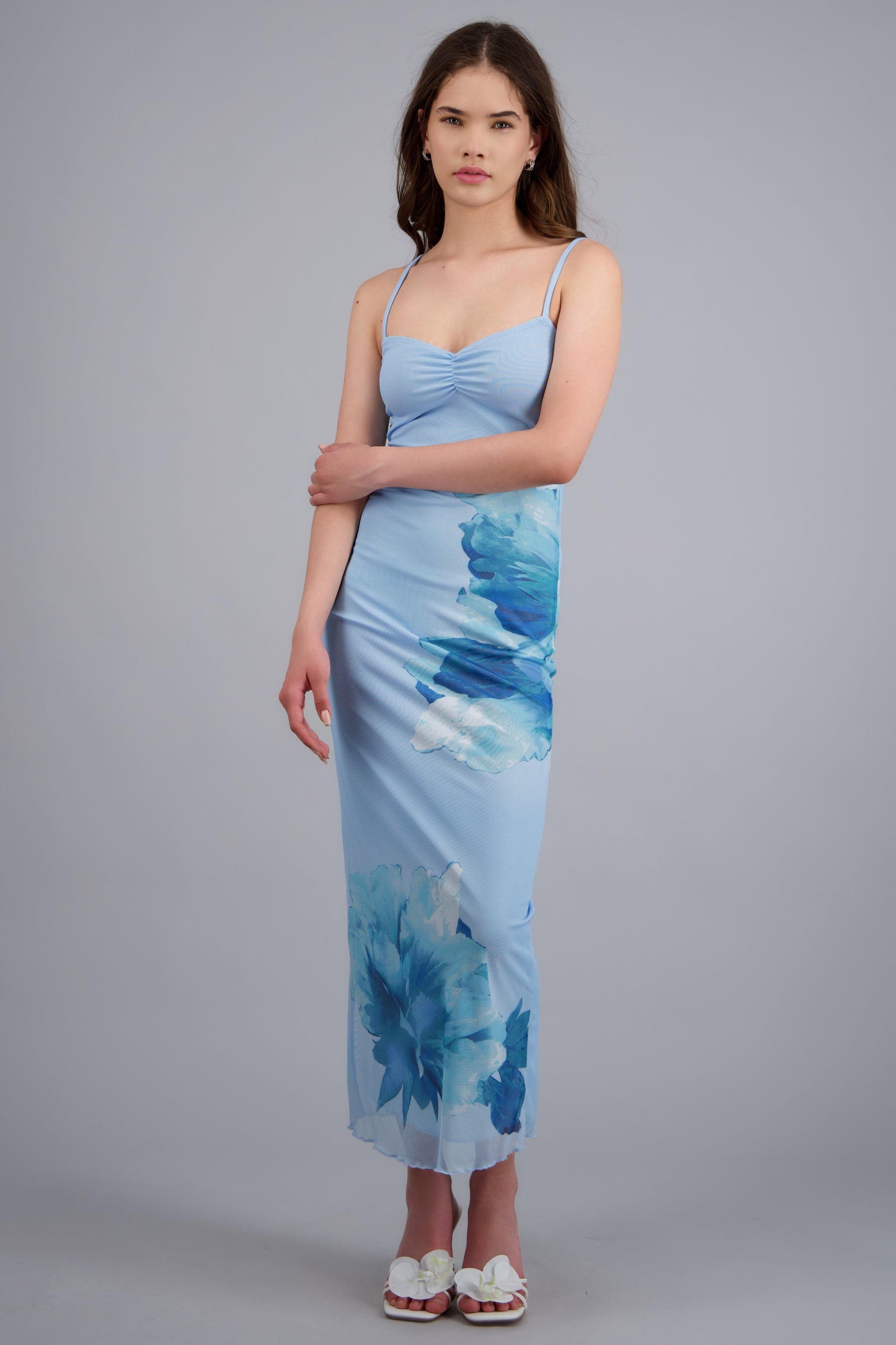 Vestido maxi estampado flores mesh AZUL COMBO