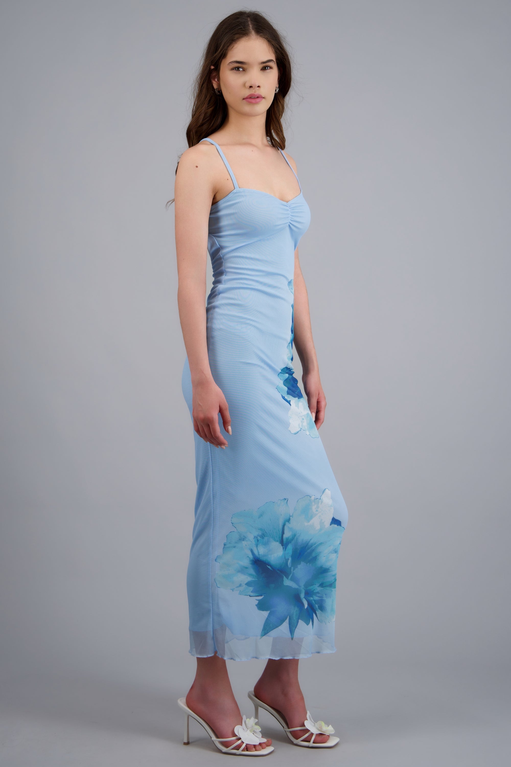 Vestido maxi estampado flores mesh AZUL COMBO