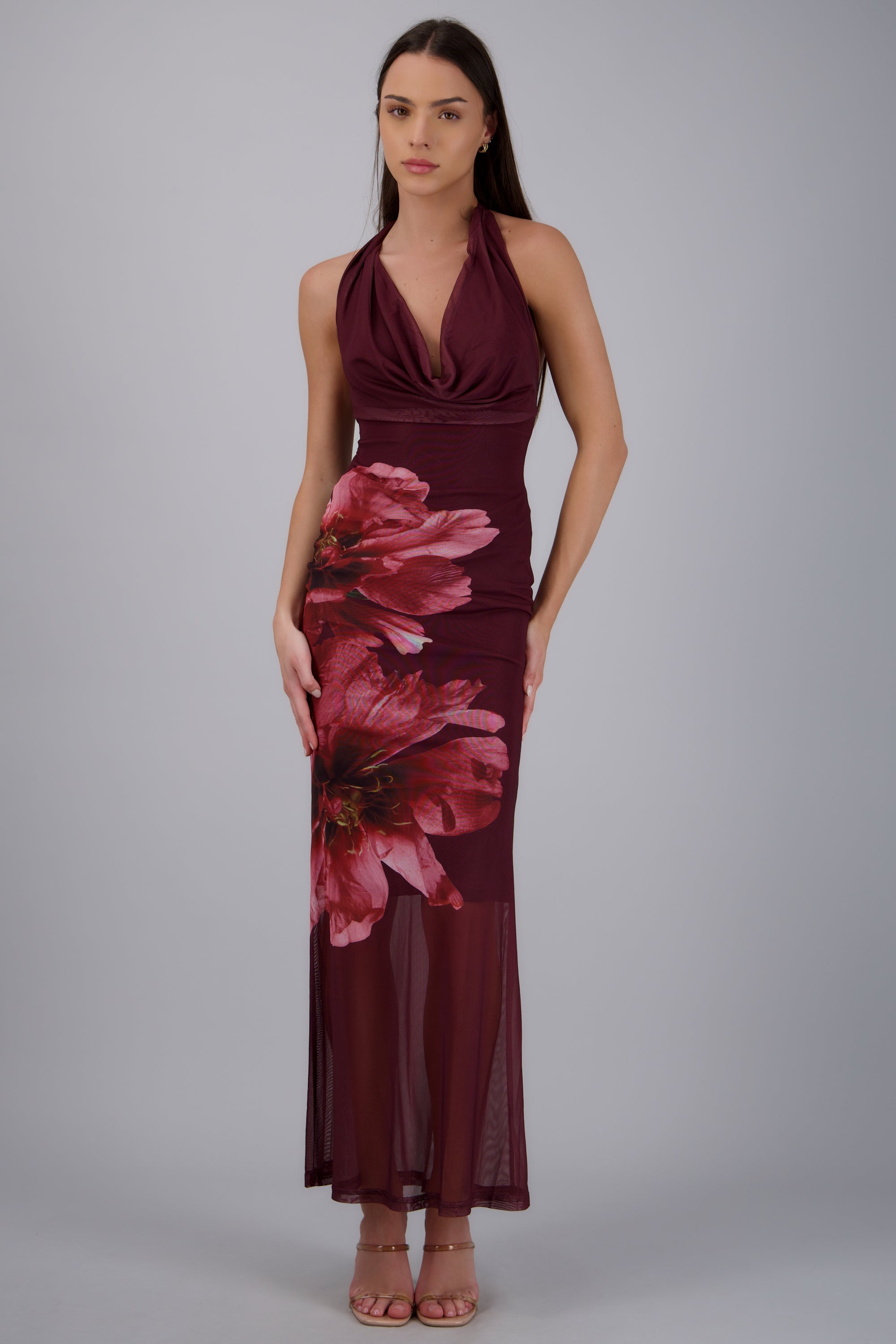 Vestido maxi halter mesh estampado flores VINO COMBO