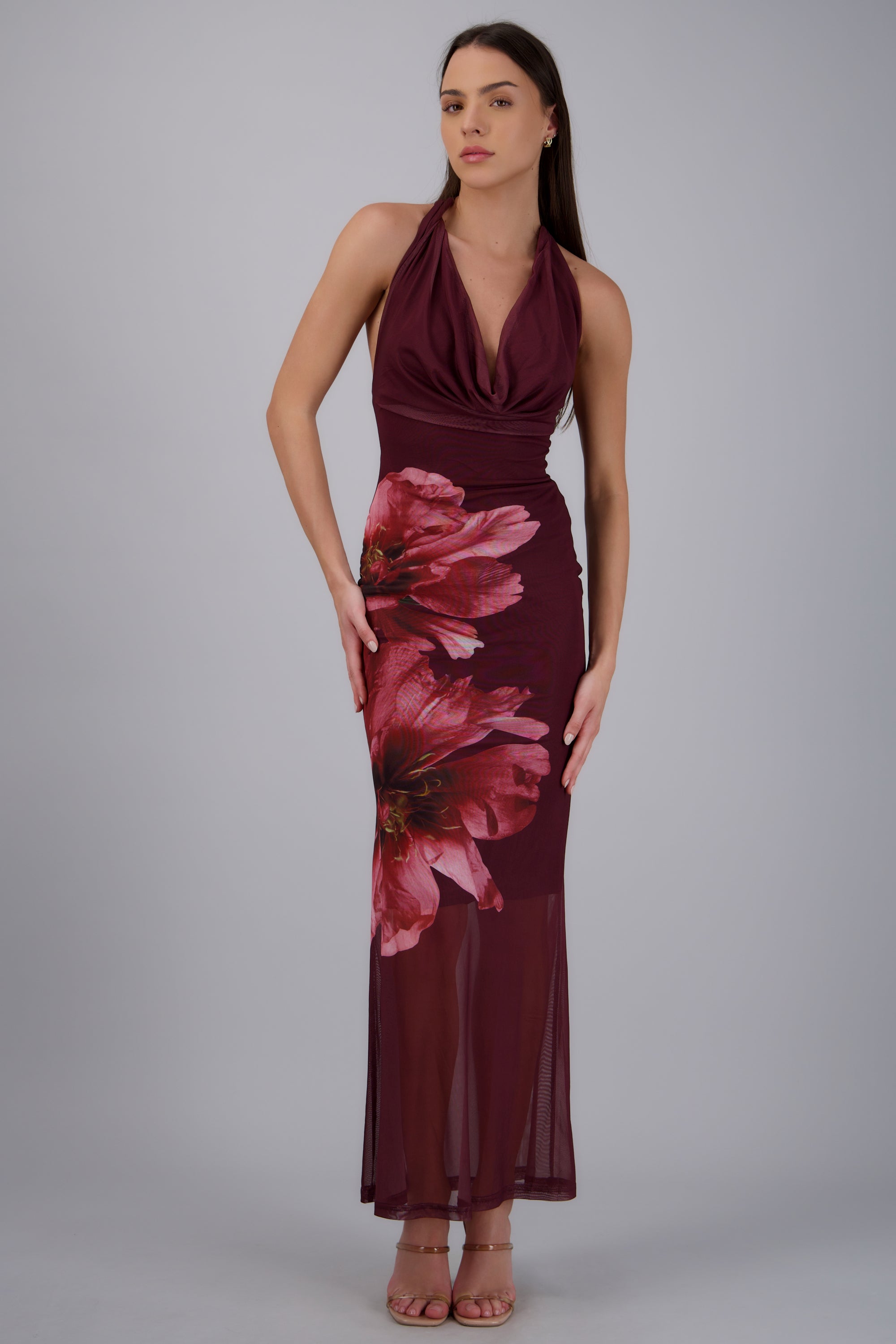 Vestido maxi halter mesh estampado flores VINO COMBO