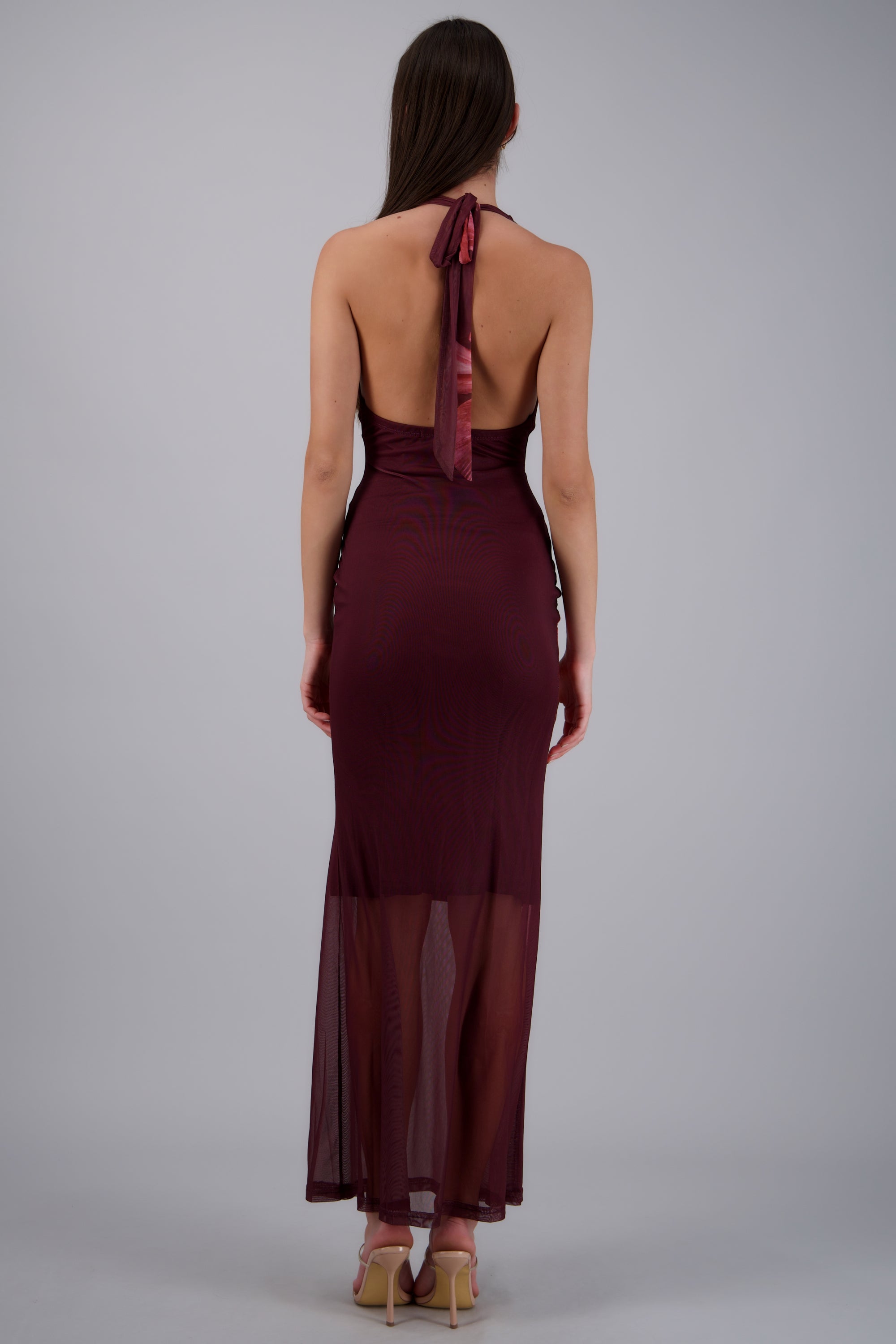 Vestido maxi halter mesh estampado flores VINO COMBO