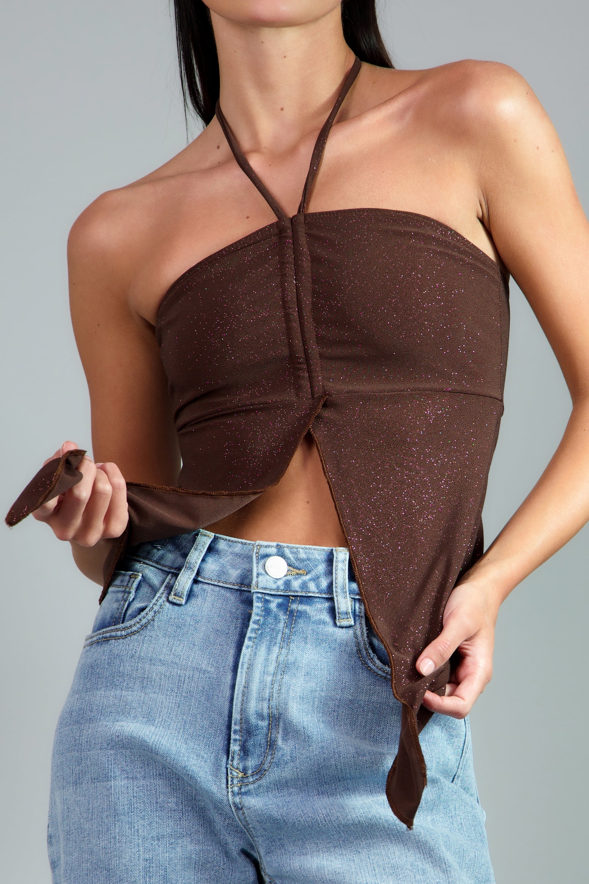 Top abertura brillos CHOCOLATE